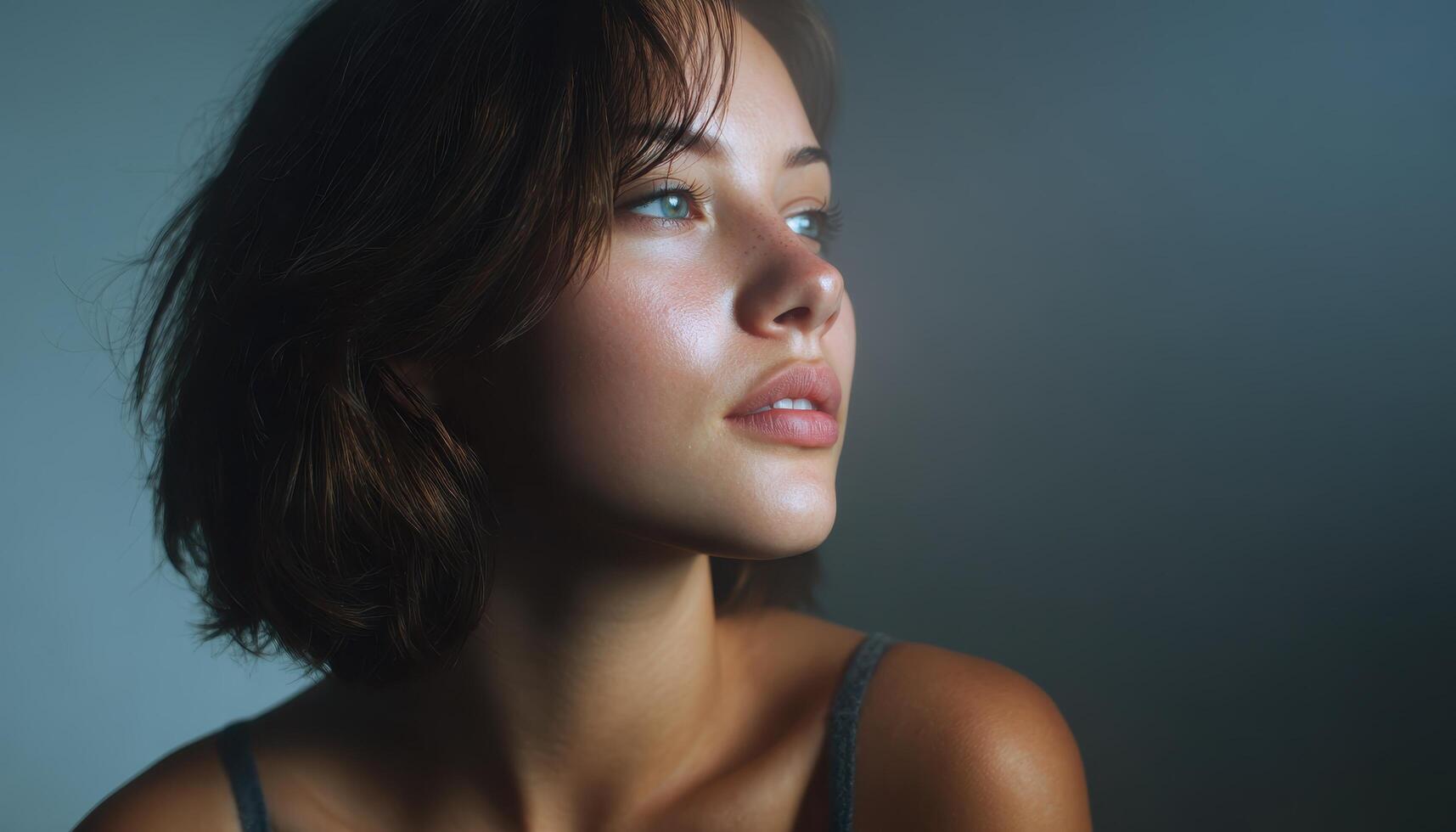 Captivating artistic portrait of a beautiful woman in soft fog indoor setting gentle atmosphere photo