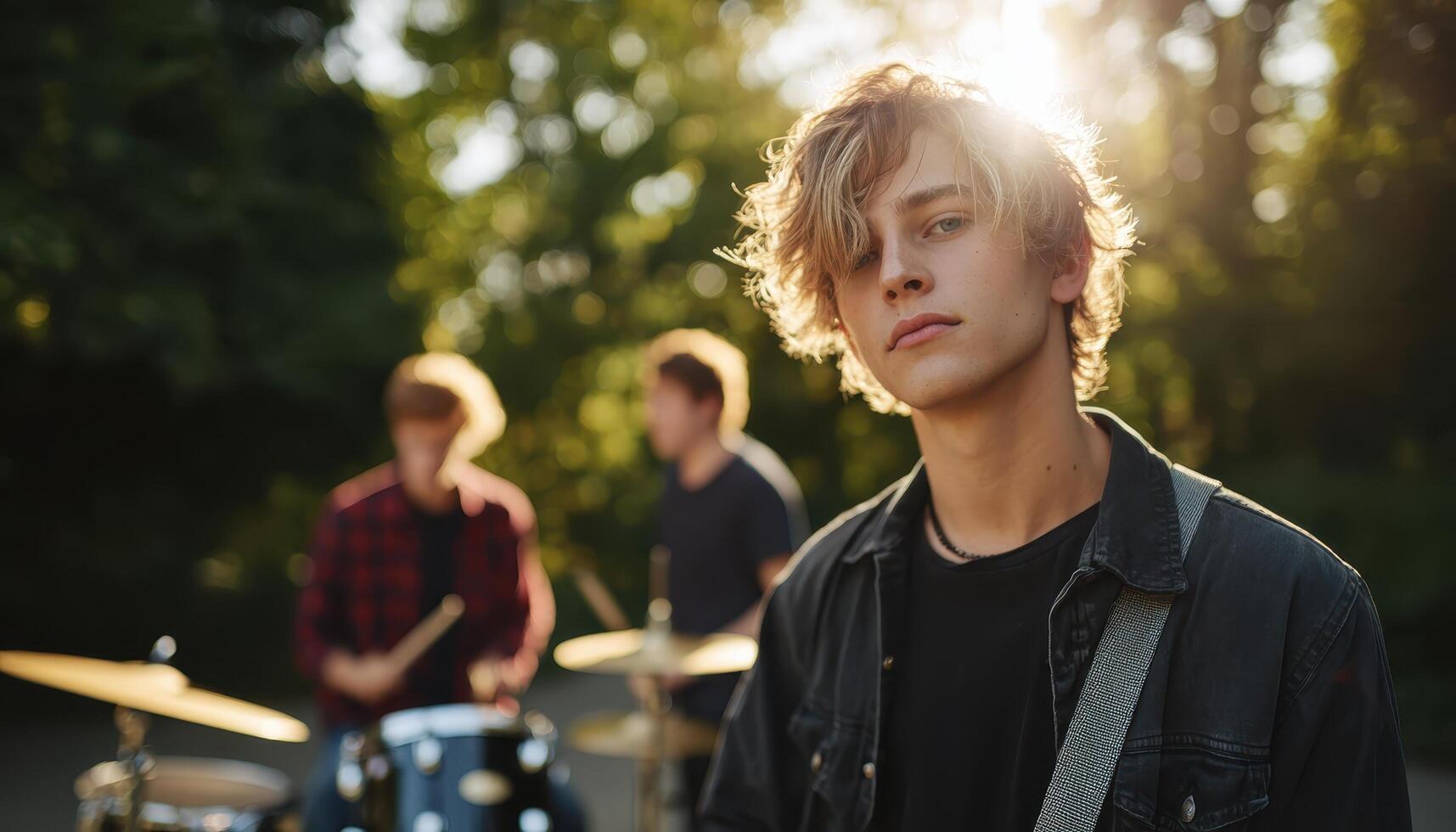 Teen rock band rehearsing outdoors dynamic action shot natural environment daylight photo