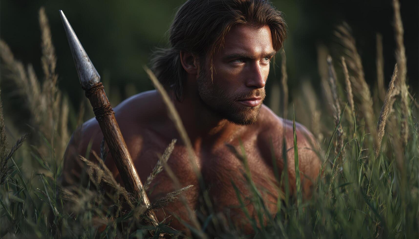 Prehistoric man hunting with spear in tall grass natural environment action perspective photo