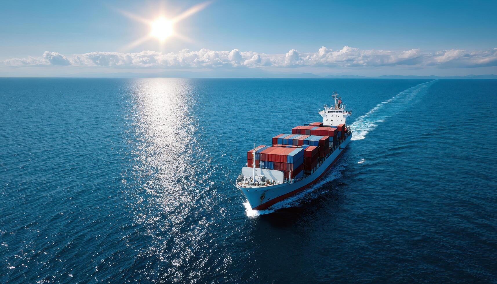 Container ship navigating tropical sea under bright sunlight aerial view tranquil environment photo