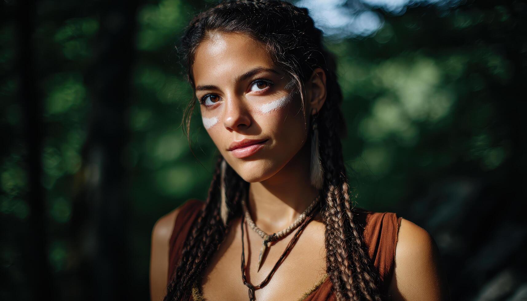 Prehistoric woman with braided hair and painted face in forest portrait photography natural light photo
