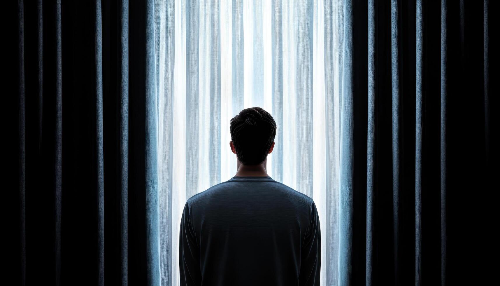 Solitary reflection dark room emotional portrait soft morning light rear view introspection photo