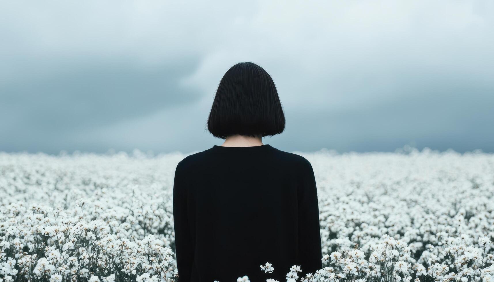 Solitary figure in flower field under gray skies soft color photography nature overcast view photo