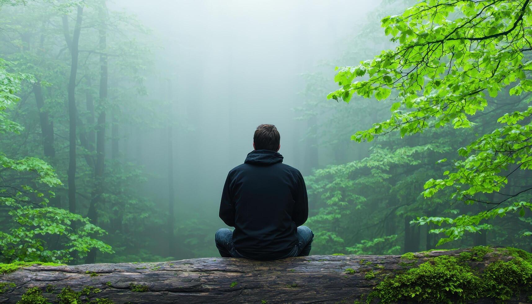 Lonely person sitting on log in misty forest nature scene serene environment soft mood photo