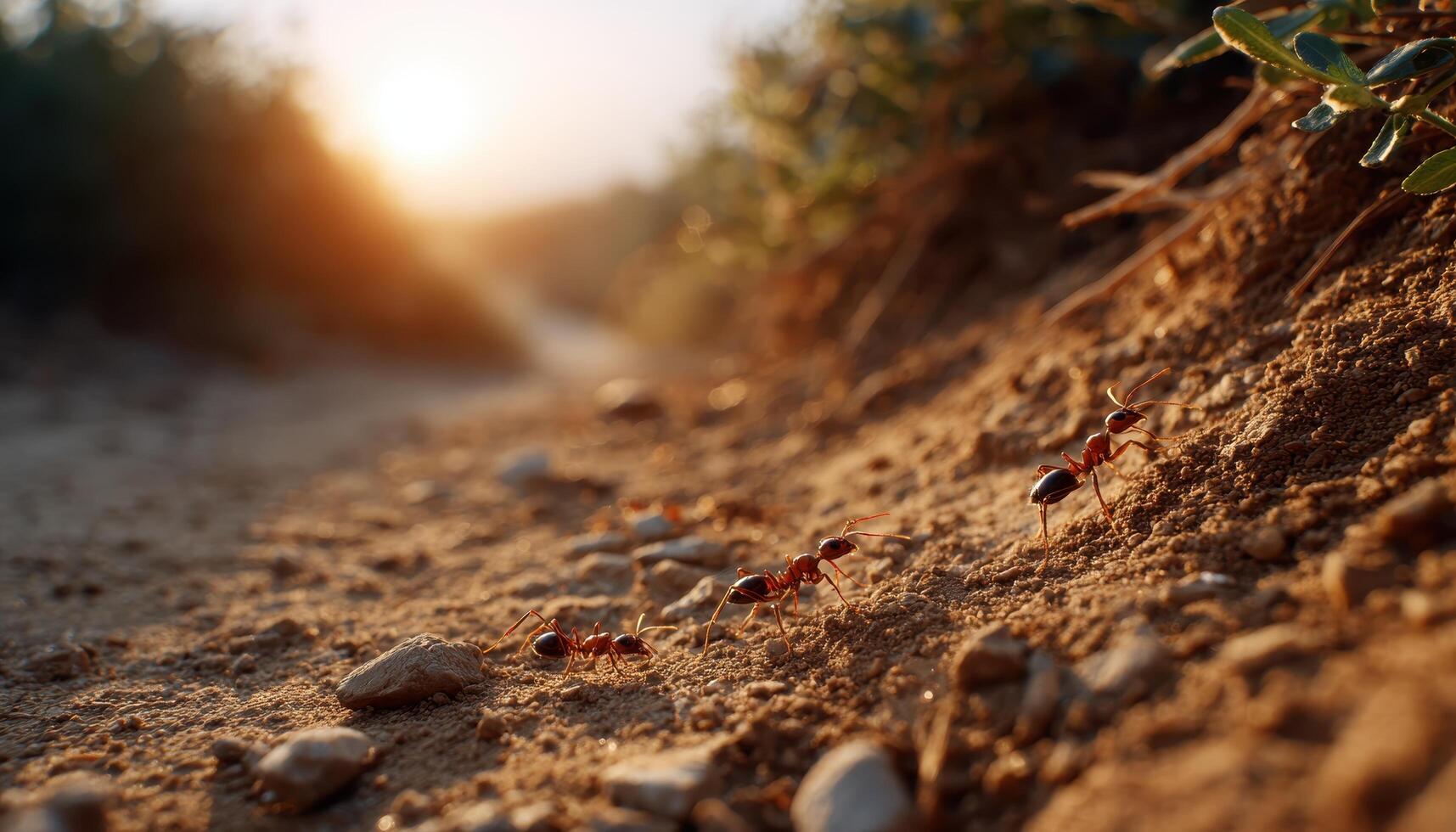 Ants navigating sunlit dry dirt nature scene textured surface close-up view photo