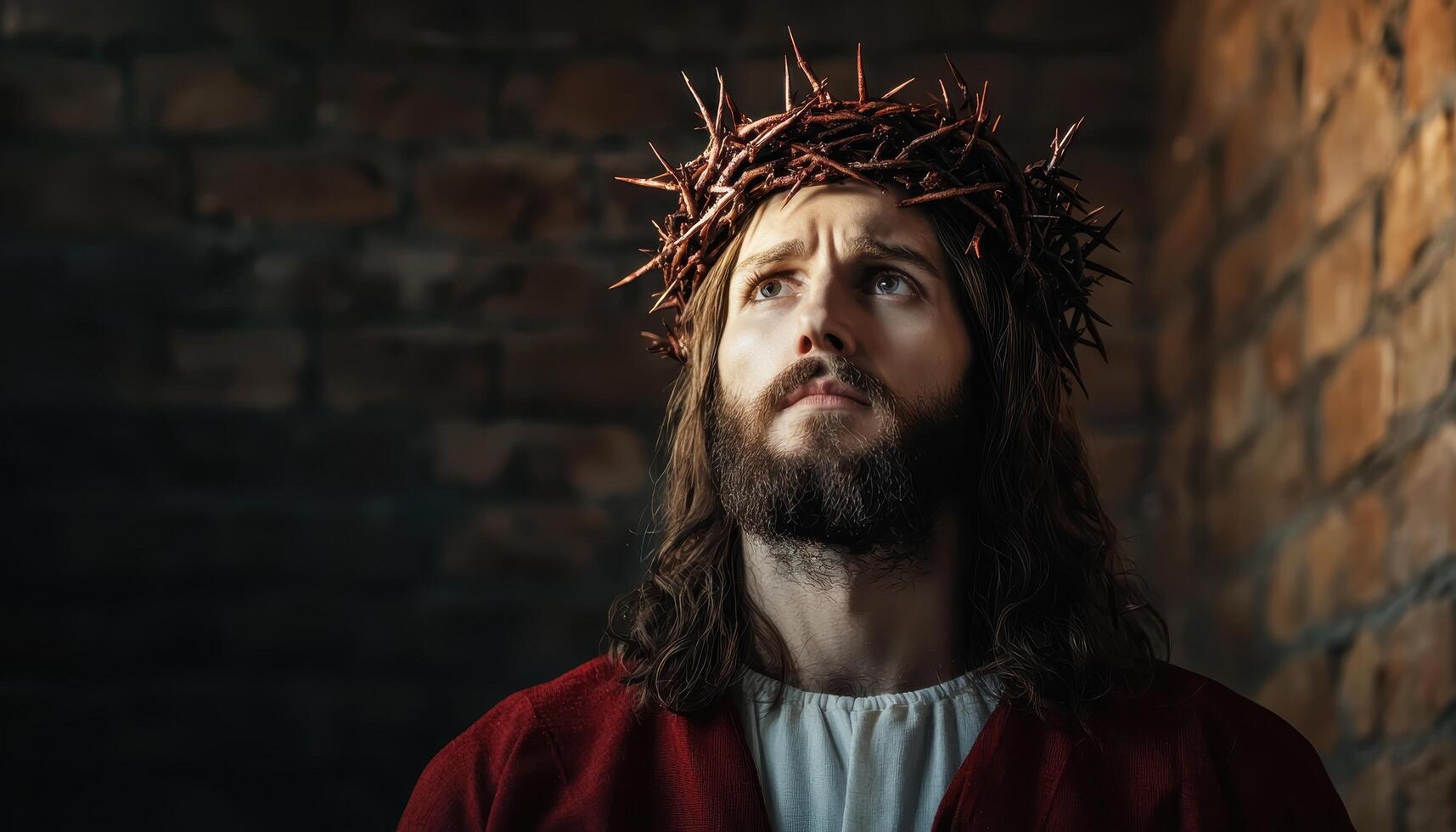 Jesus glowing in sunlight with crown of thorns minimalist art inside a stone room photo