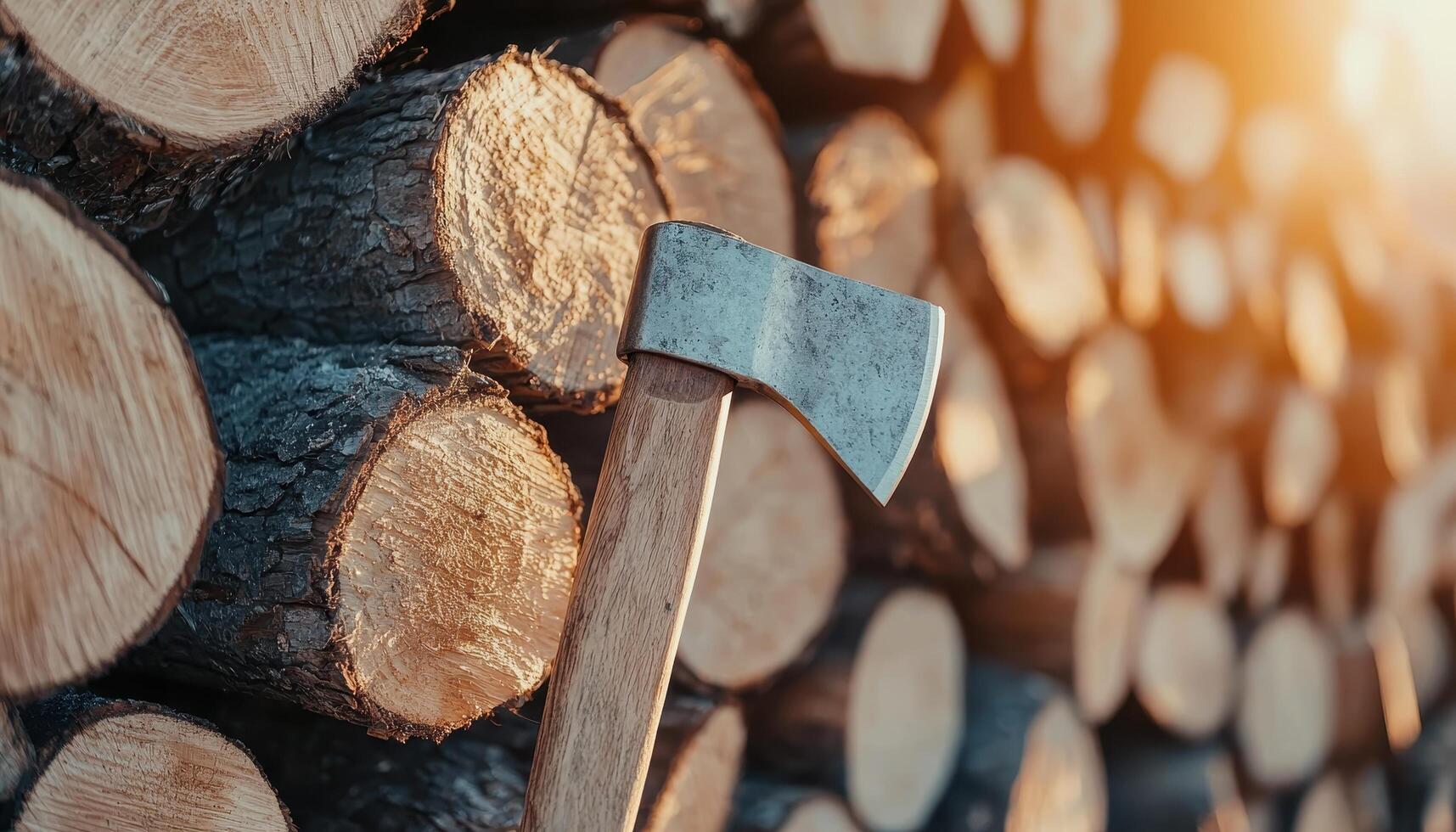 Vintage axe stuck in log amidst firewood pile late afternoon light rustic scene photo