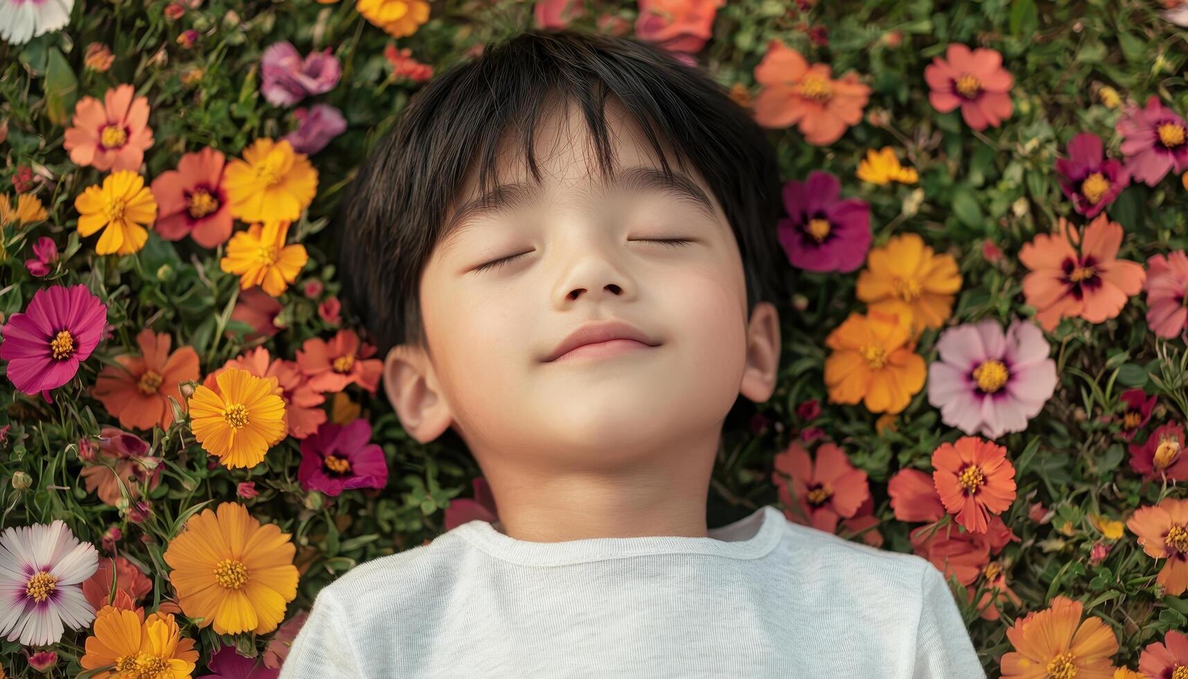 Young boy relaxing in colorful flower field nature scene peaceful environment portrait view photo