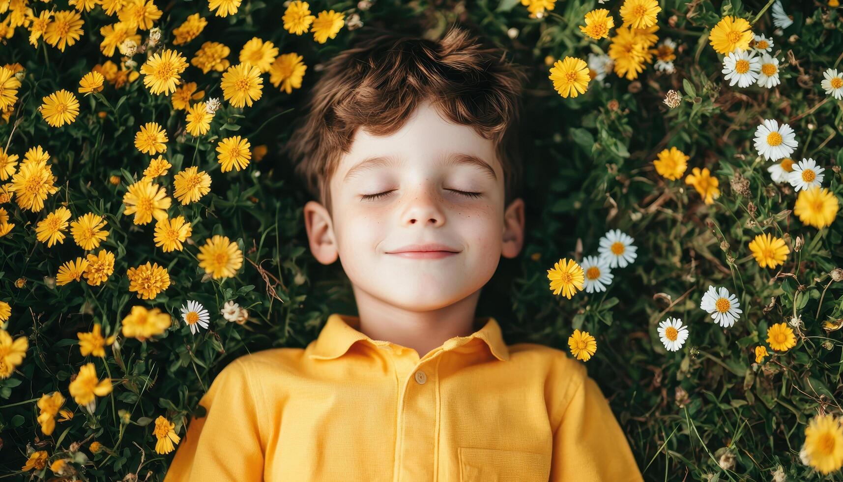 Joyful child relaxing in flower field bright day nature photography peaceful environment photo