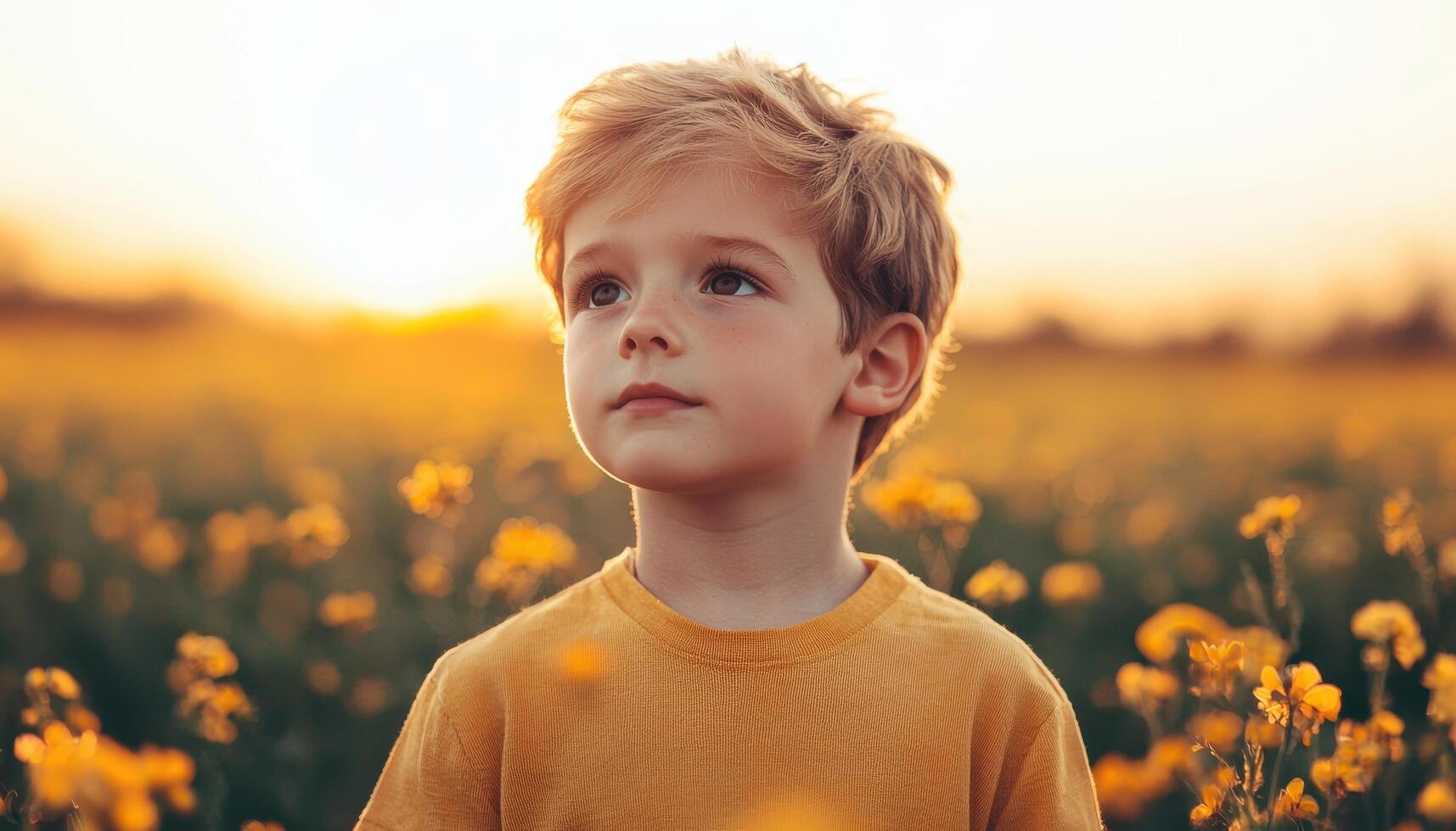 Peaceful boy in a field of spring flowers at golden hour nature photography serene environment photo
