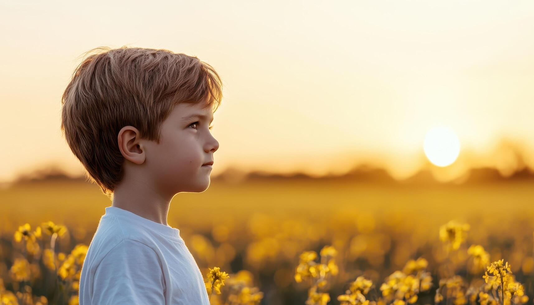 Peaceful boy enjoying a field of spring flowers at golden hour nature photography tranquil scene photo