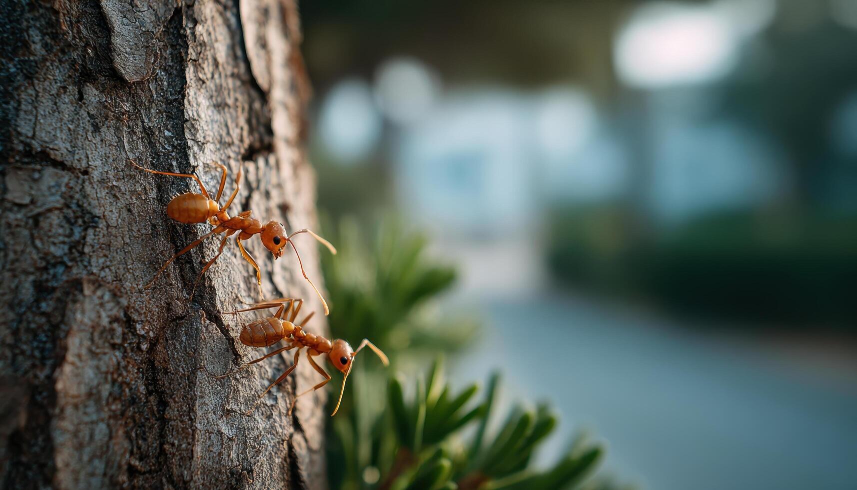Ants collaborating on tree bark in morning light nature close-up peaceful environment photo