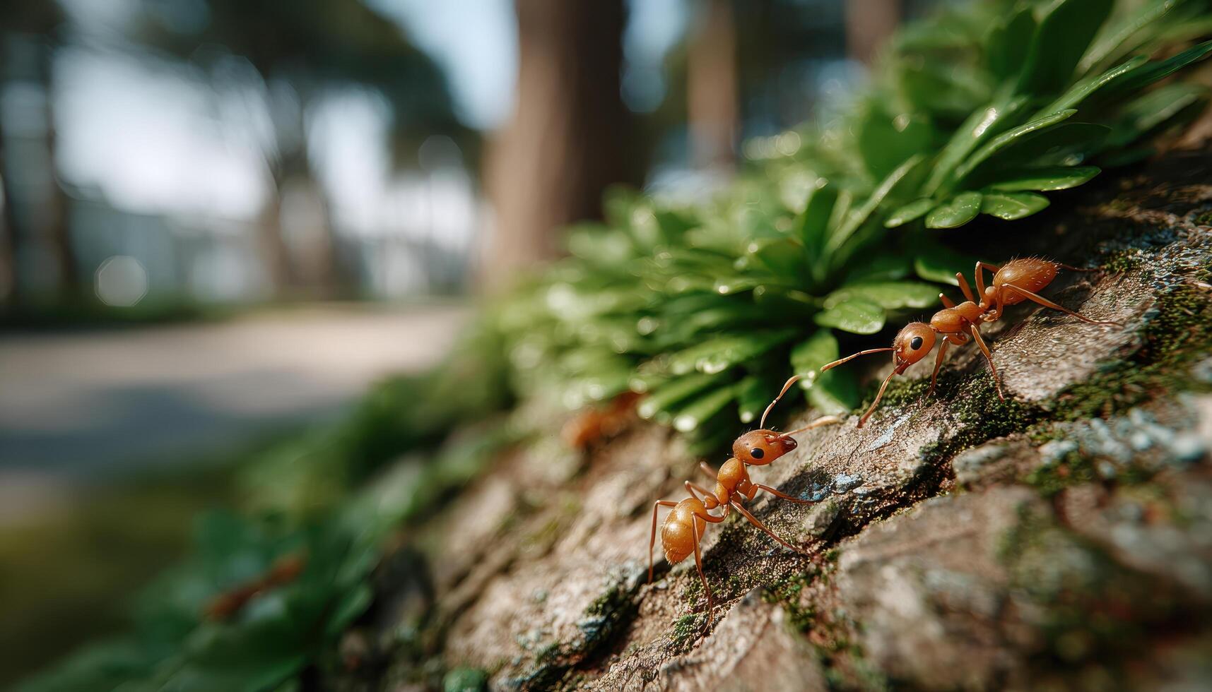 Ants collaborating on tree bark morning light nature scene peaceful environment close-up view photo