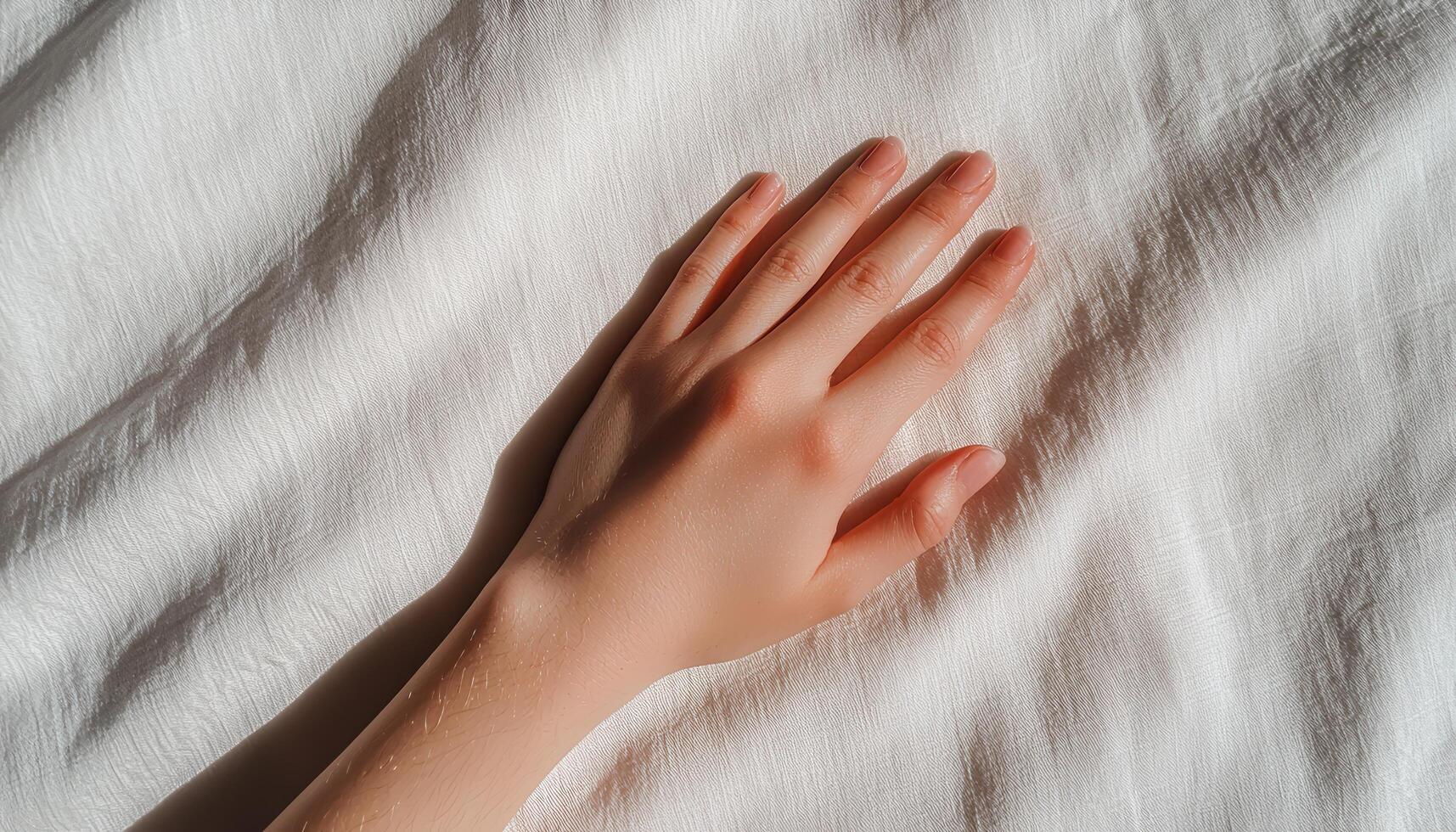 Gentle touch of hand on soft fabric indoor setting closeup photography natural light photo
