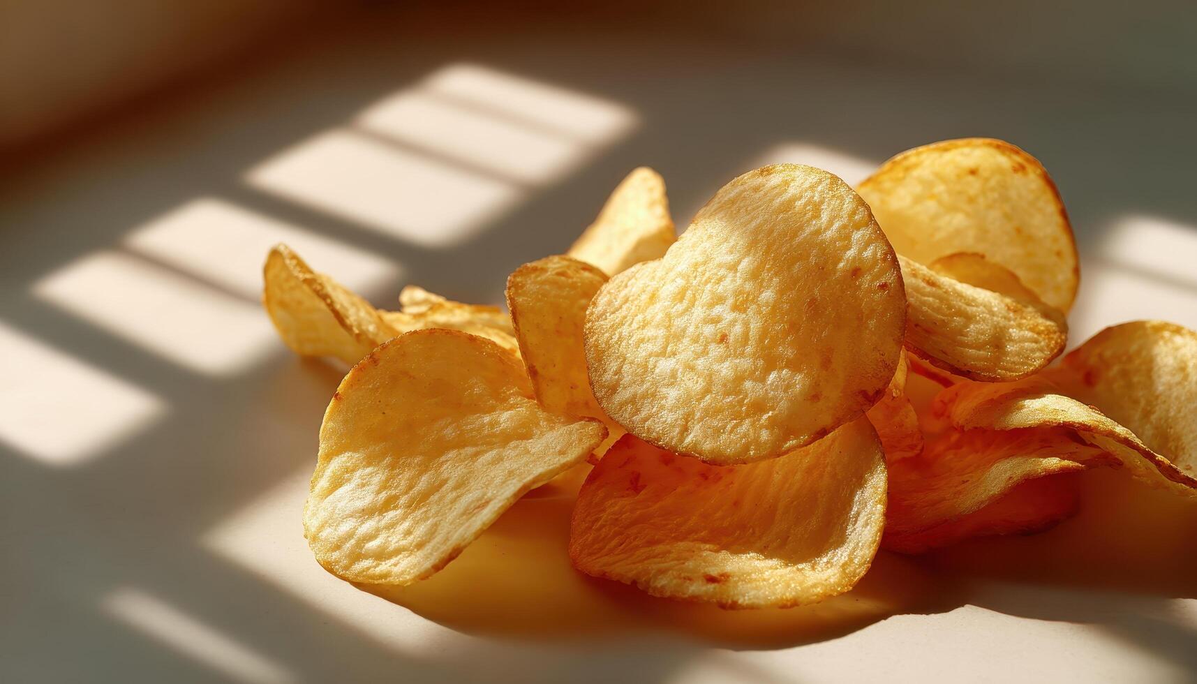 Scattered potato chips with glowing edges kitchen food photography natural light close-up photo