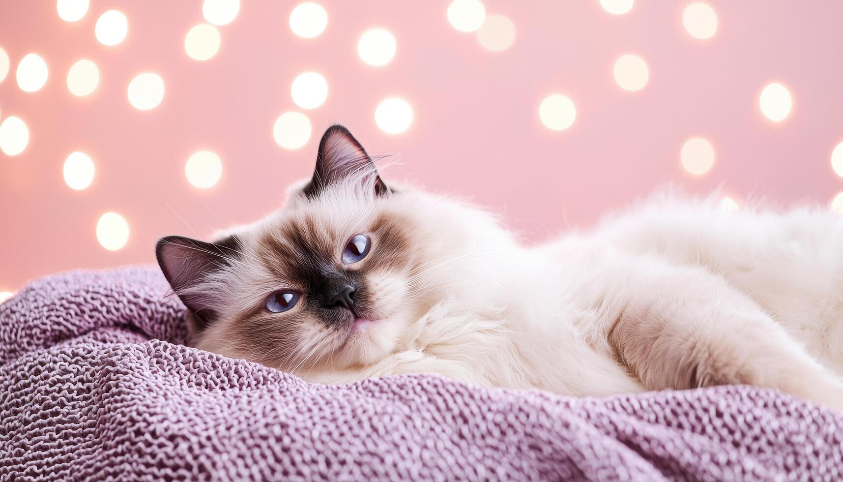 Relaxing ragdoll cat on luxurious purple blanket cozy indoor setting soft focus background photo