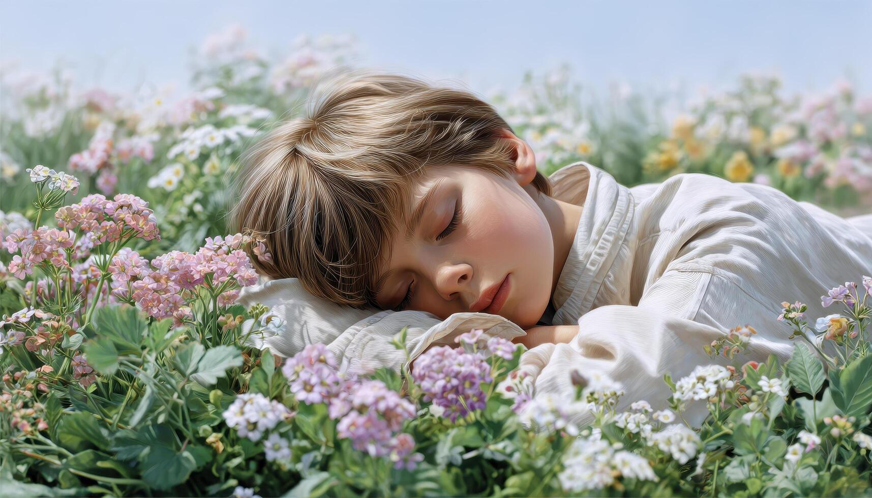 Boy relaxing in pasteltoned meadow surrounded by flowers nature scene calm environment photo