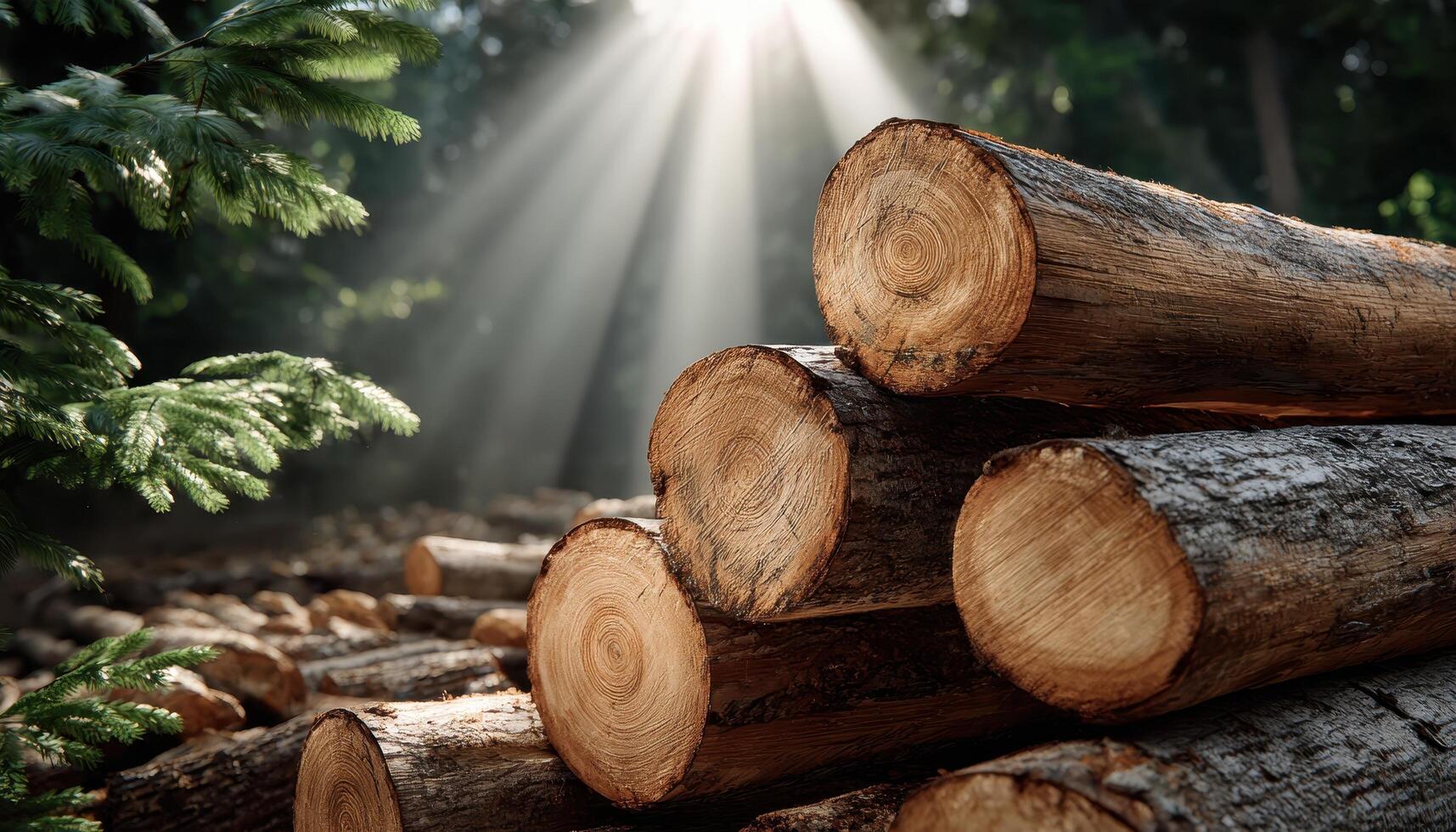 Sunlight filtering through trees illuminating stacked wood logs in a forest clearing photo