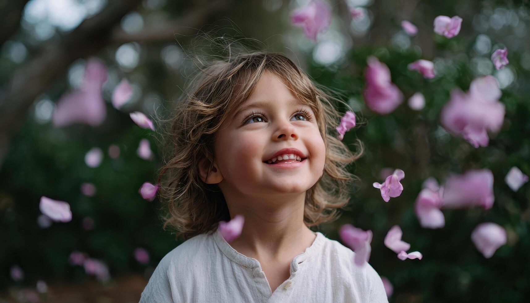Joyful child playing with petals in a lush garden bright light close-up view capturing happiness photo