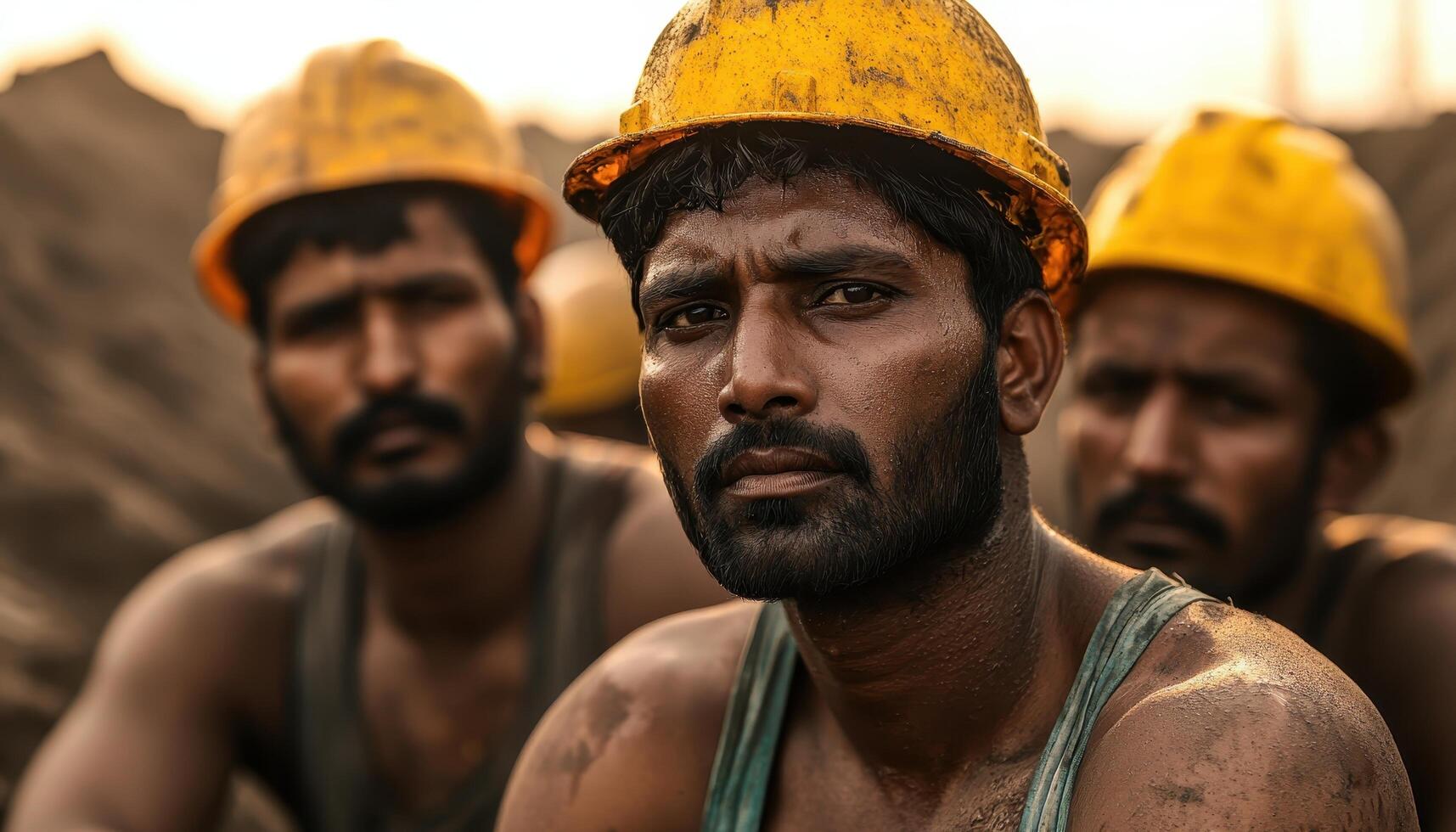 Indian miners taking a break under the sun industry scene outdoor close-up hard work photo