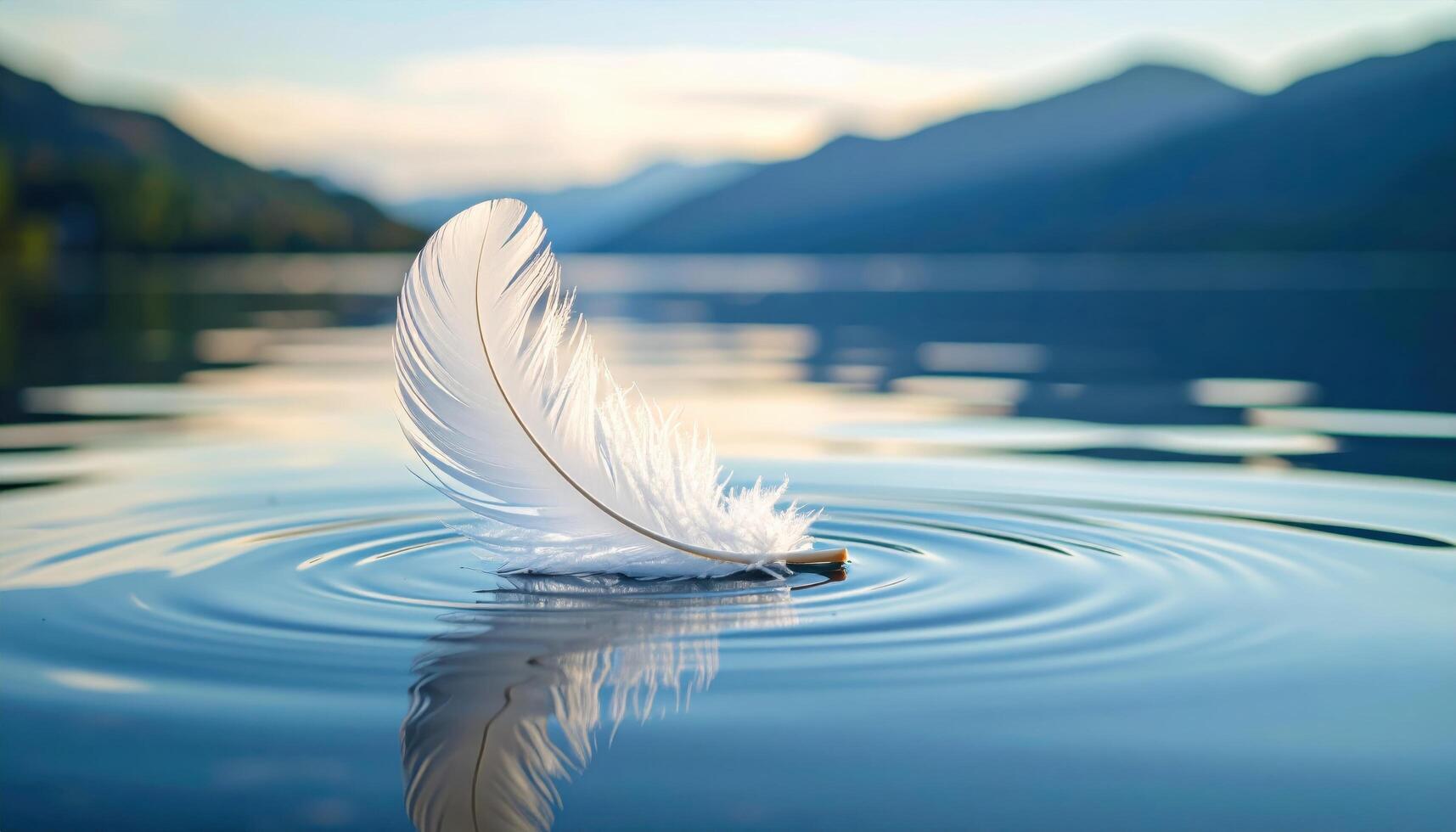 Floating white feather on tranquil water ripples in nature serene background peaceful view photo