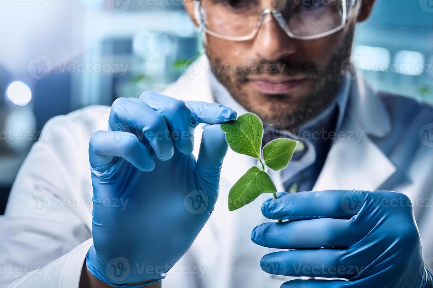 Man in lab coat is holding a plant photo