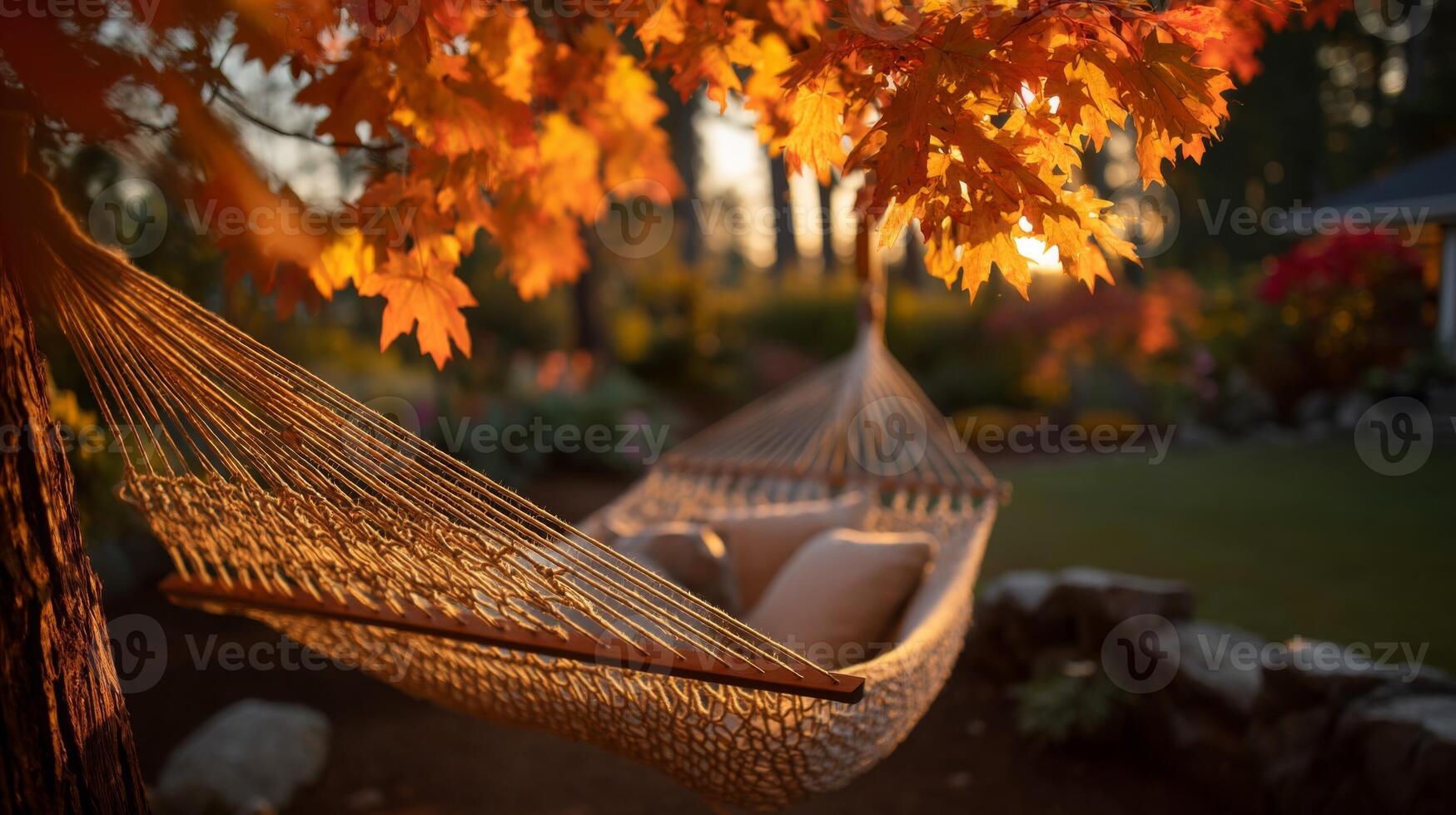 Beige Hammock Under Autumn Leaves in a Garden photo