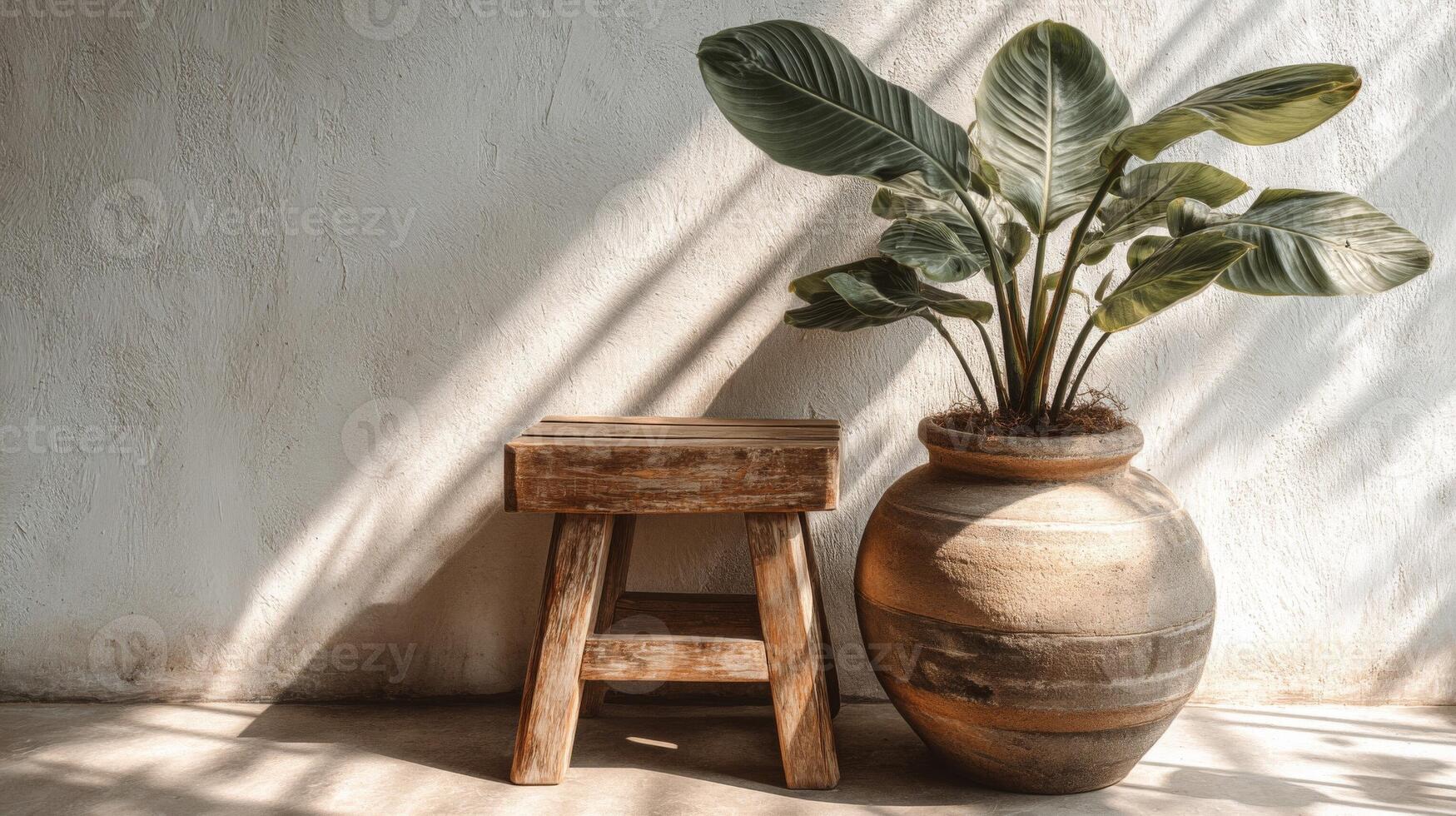 Rustic Wooden Stool and Terracotta Pot with Green Plant in Sunlight photo