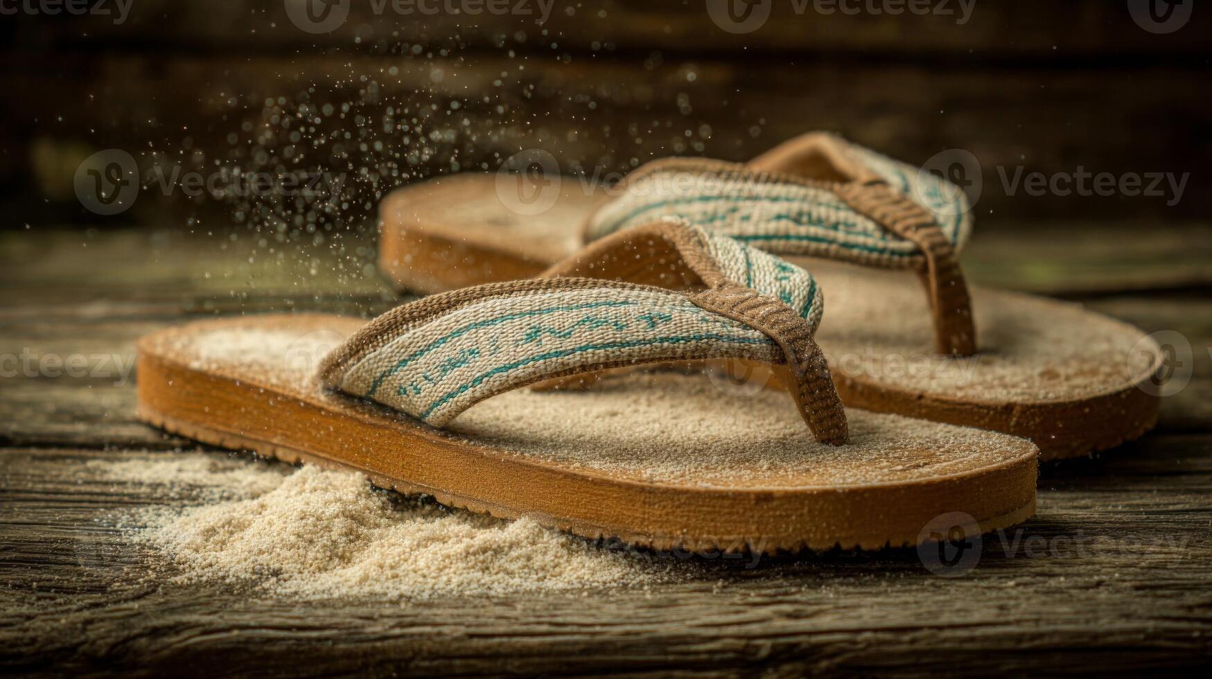 Worn Brown Sandals on Wooden Surface with Sand photo