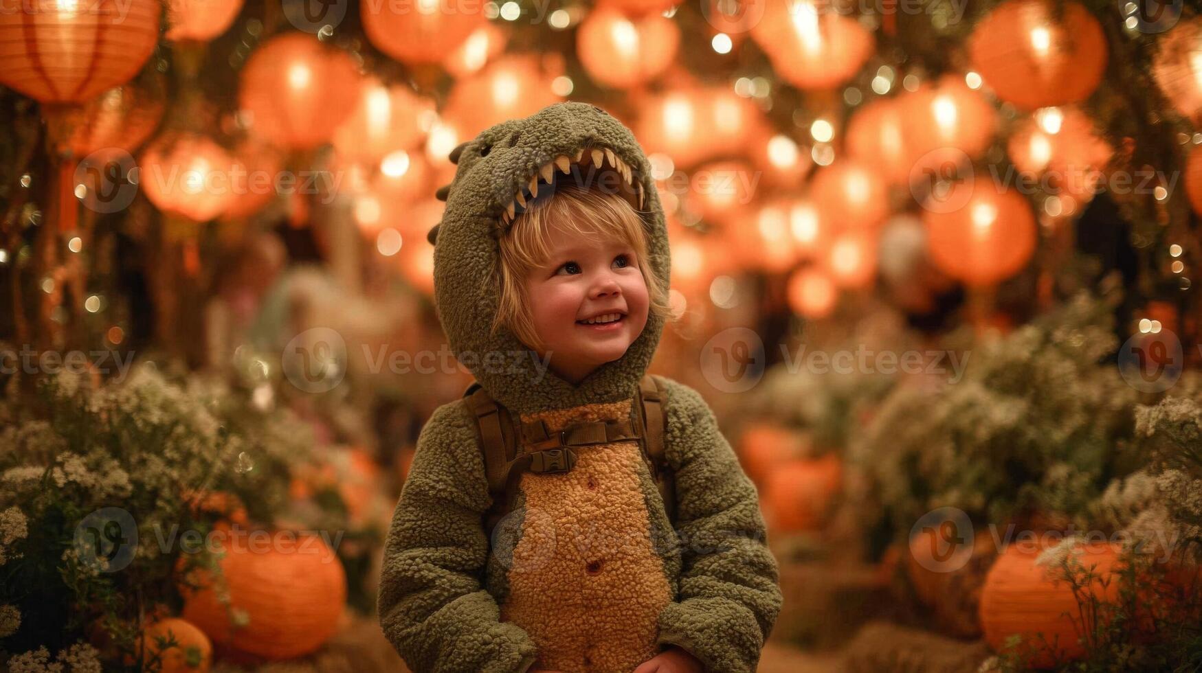 Smiling Toddler in Dinosaur Costume Amidst Glowing Lanterns photo