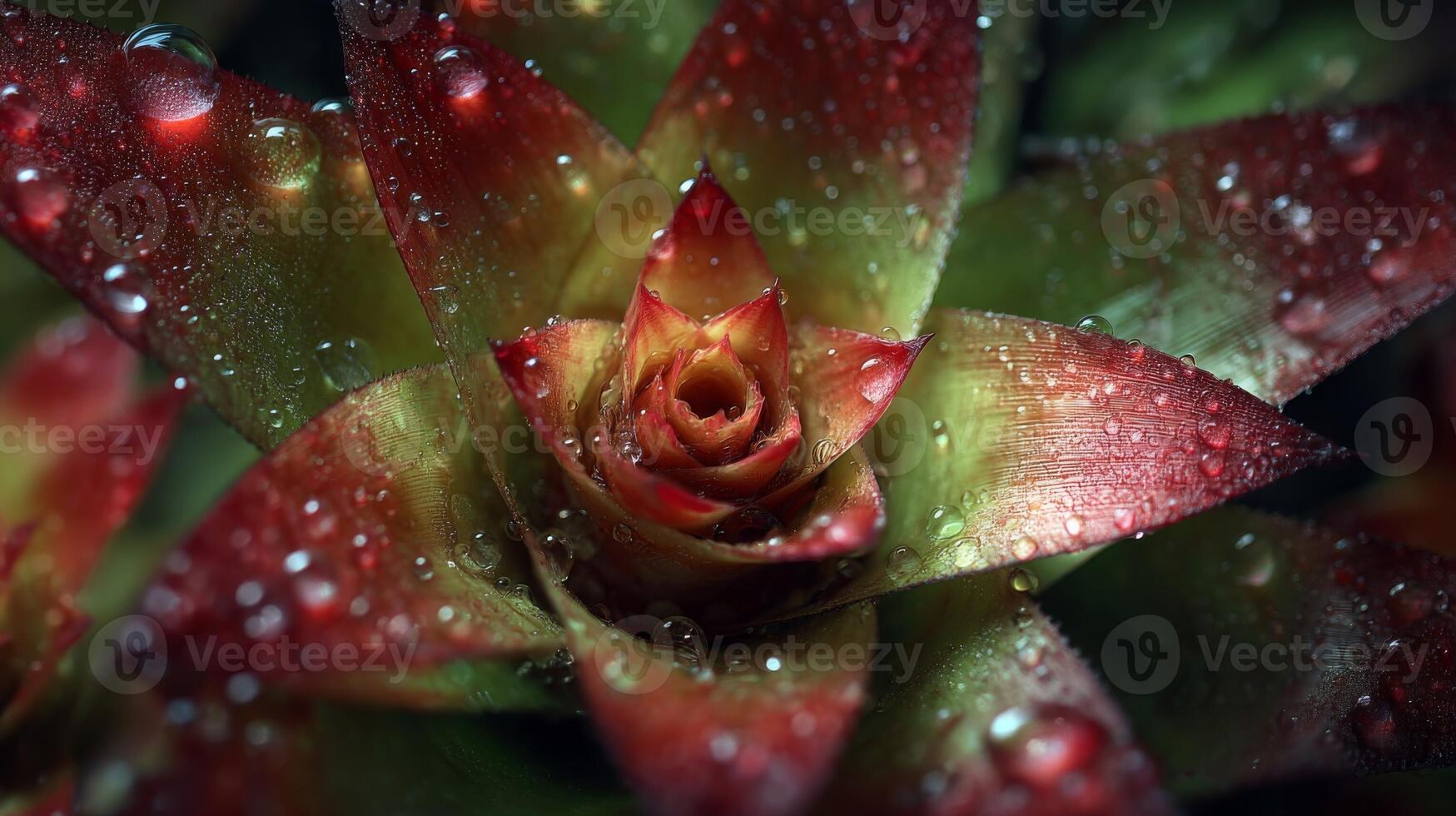 Closeup of Red and Green Bromeliad with Water Drops photo