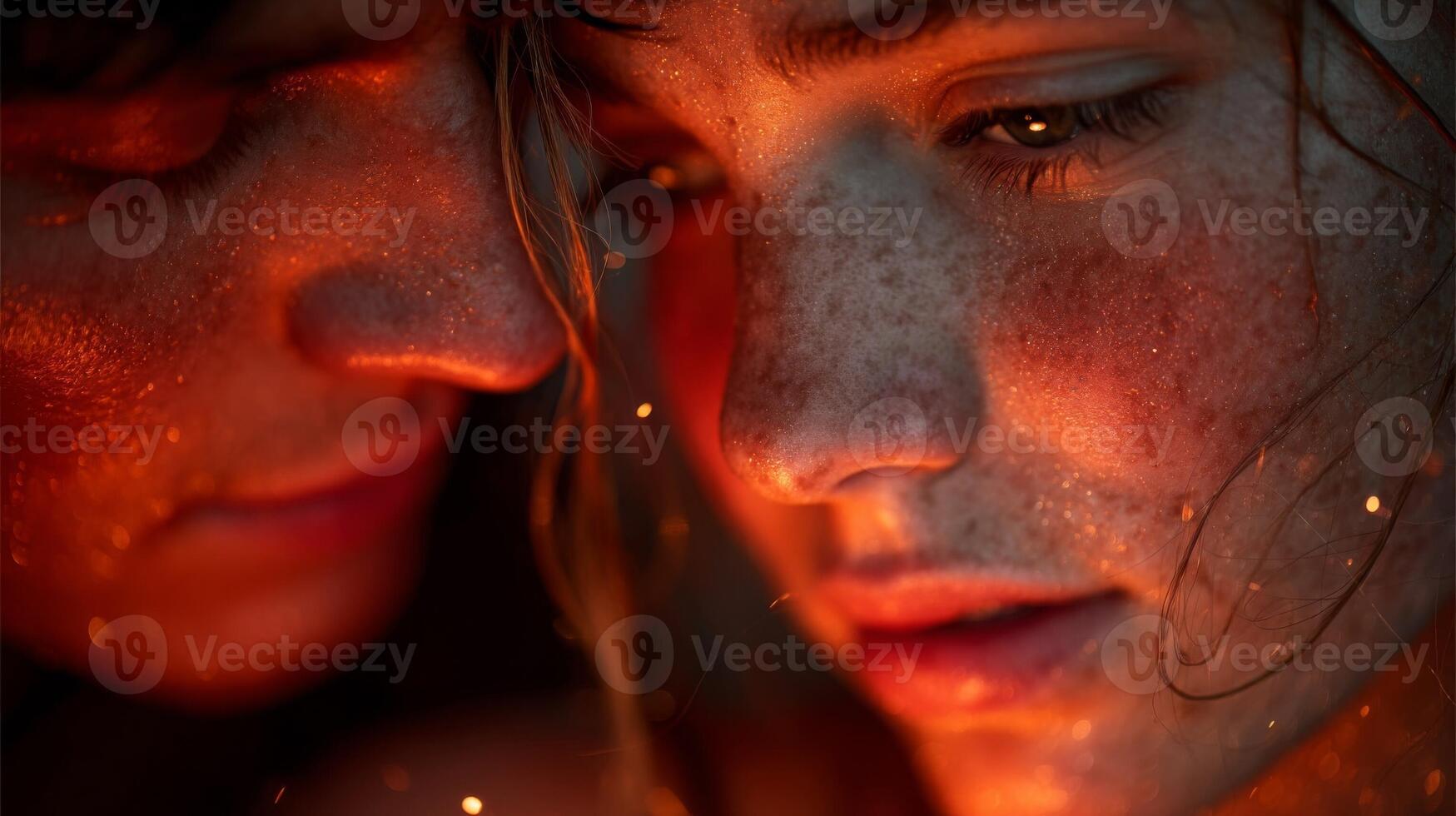 Close-Up Portrait of Two Women Illuminated by Red Embers photo