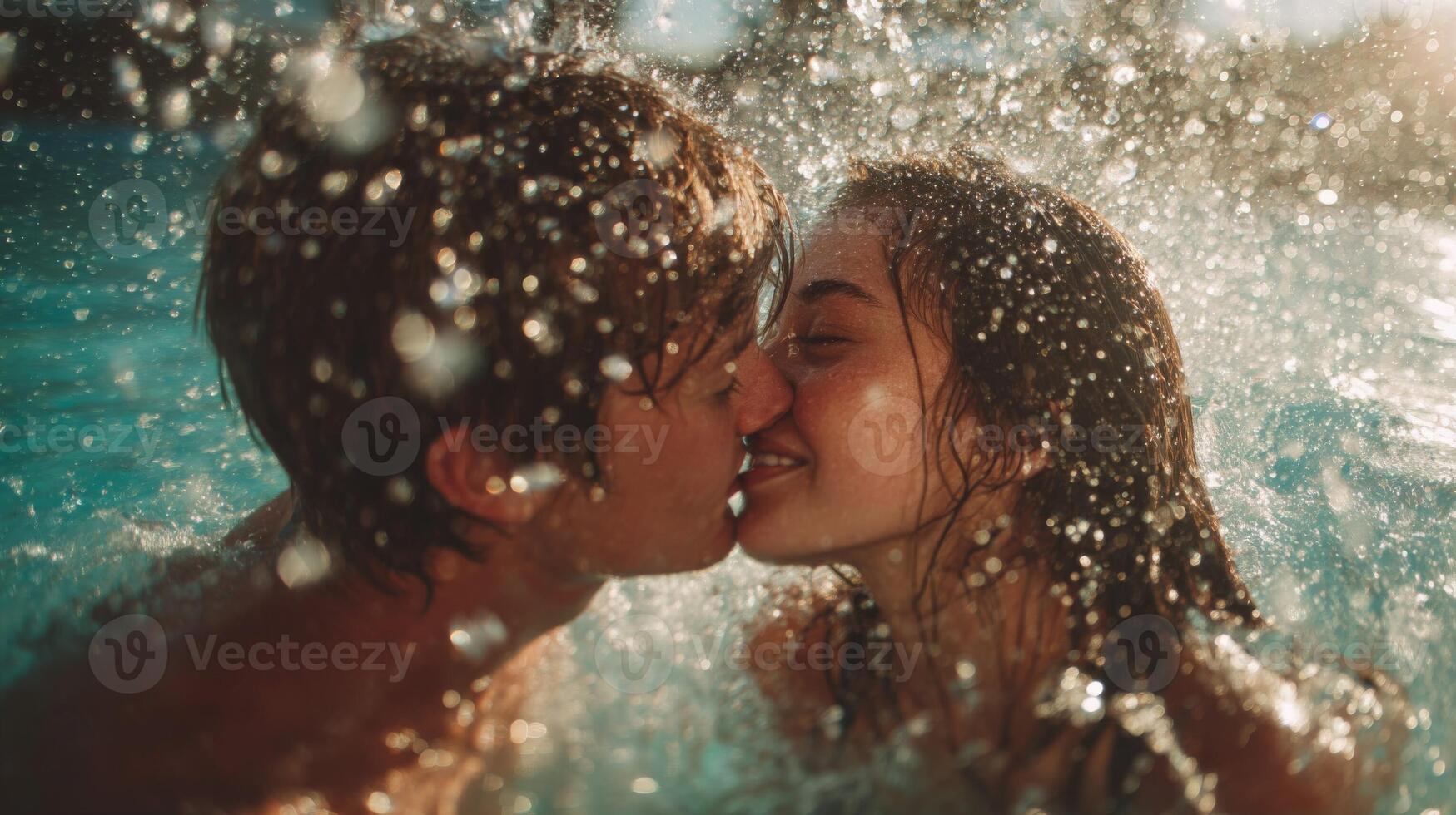 Young Couple Kissing in a Pool with Splashing Water photo