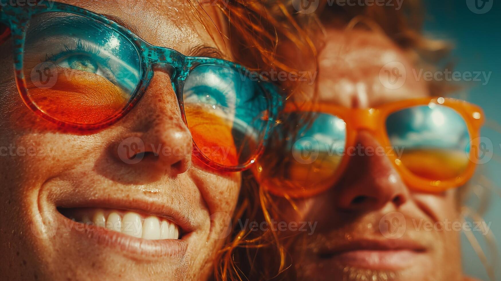 Smiling Couple Wearing Colorful Sunglasses on a Sunny Beach photo