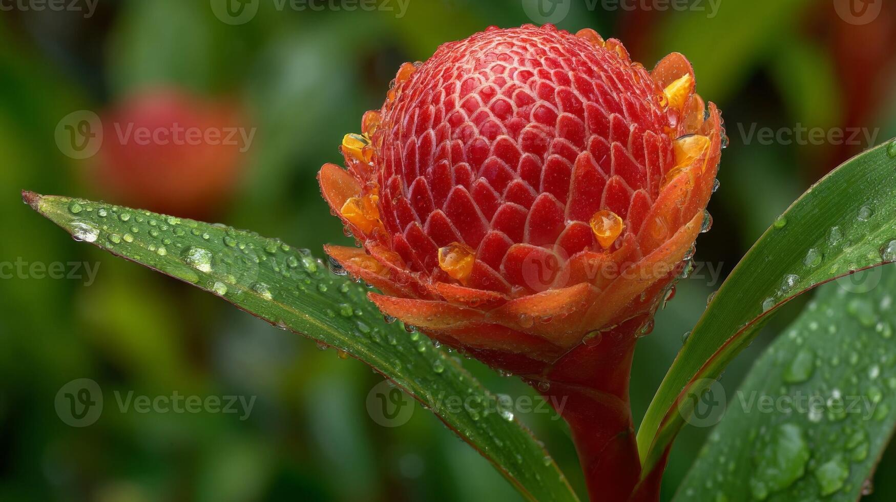 Red and Orange Tropical Flower with Dew Drops photo