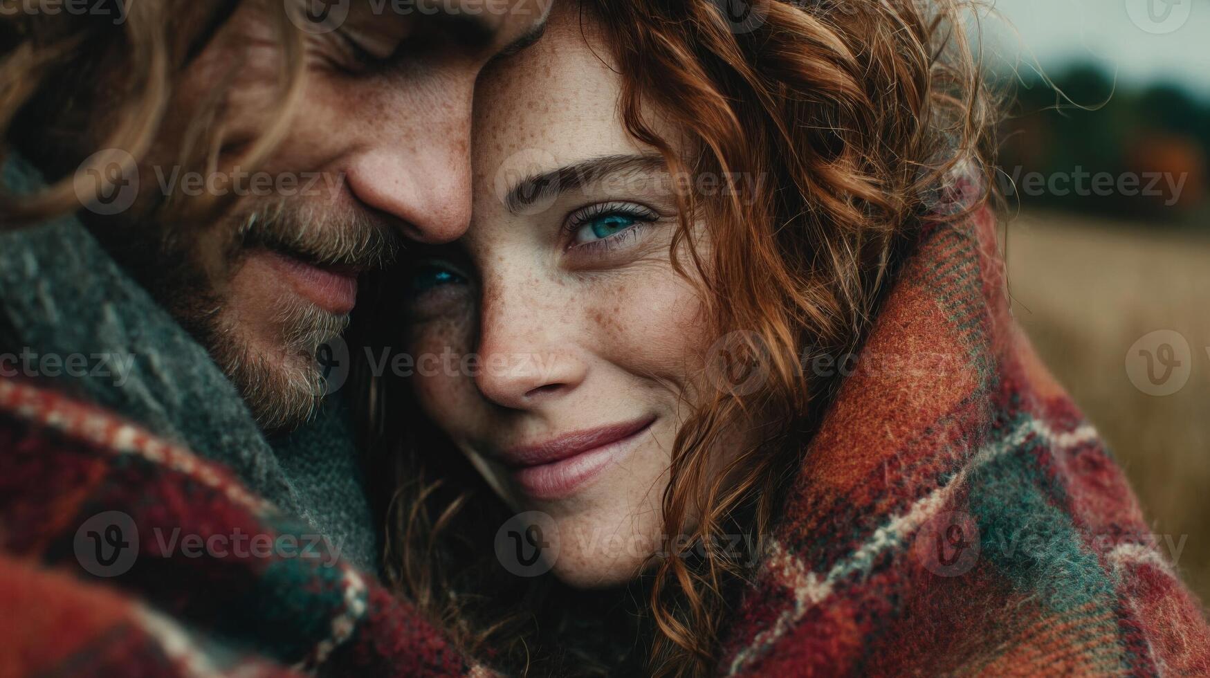 Close Up Portrait of a Couple Wrapped in Plaid Blanket photo