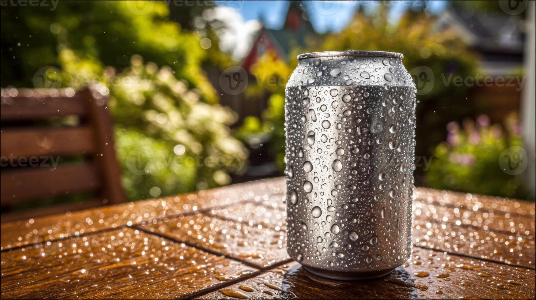 Closeup of a Wet Aluminum Can on Wooden Table Outdoors photo