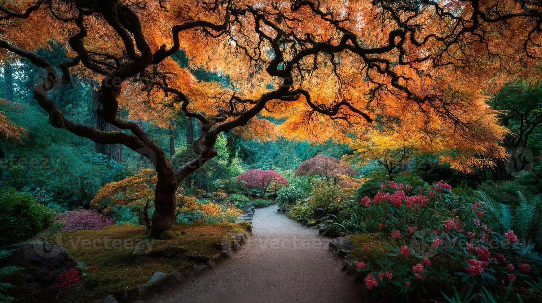 Autumn Garden Path with Vibrant Orange and Red Leaves photo