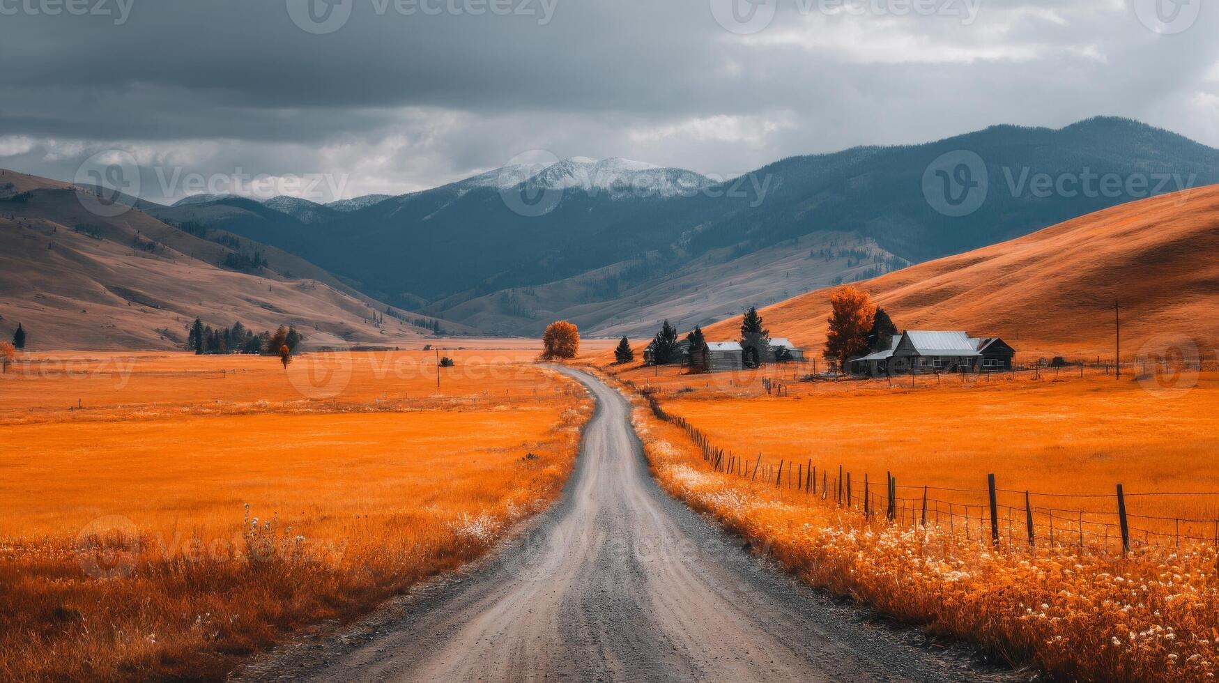 Autumnal Landscape with Dirt Road Leading to Farm photo