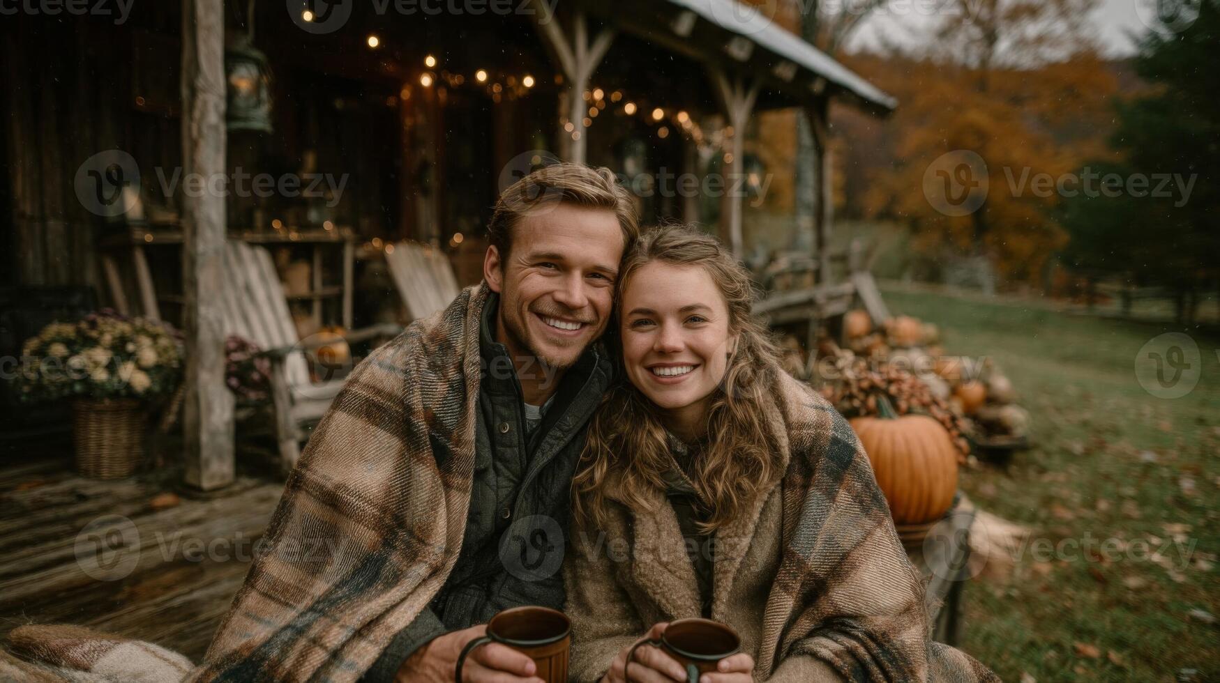 Smiling Couple Wrapped in Blanket on Rustic Porch in Autumn photo