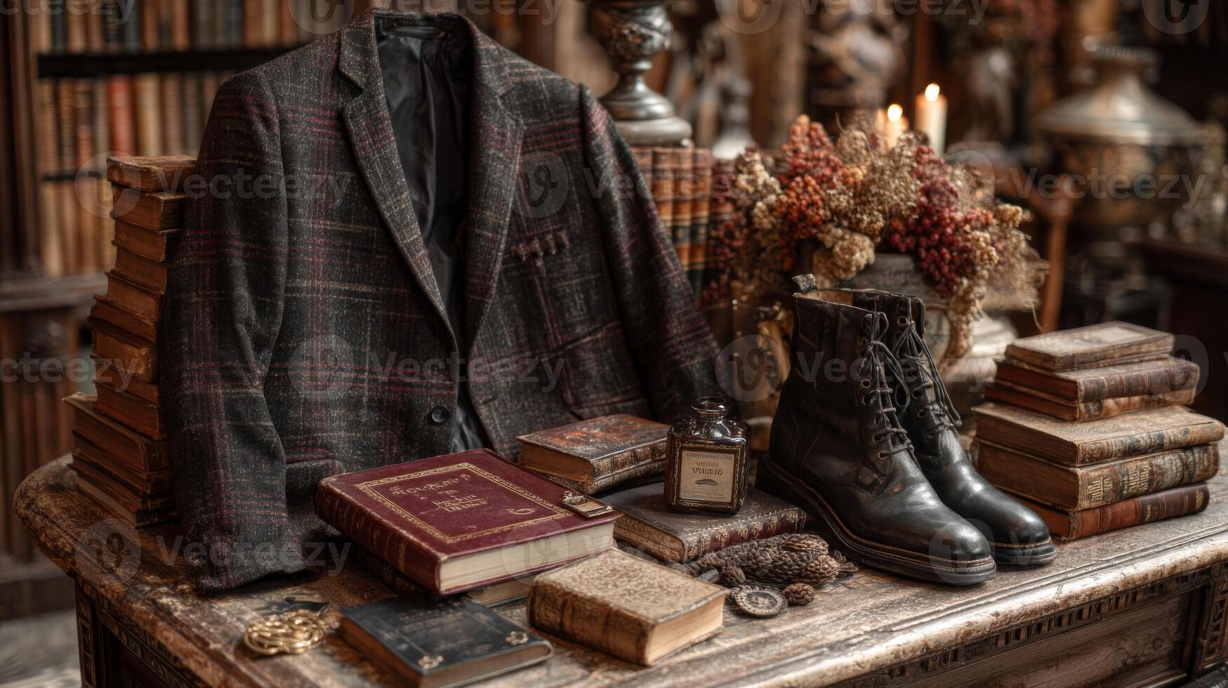 Dark Plaid Jacket and Leather Boots on Antique Table with Books photo