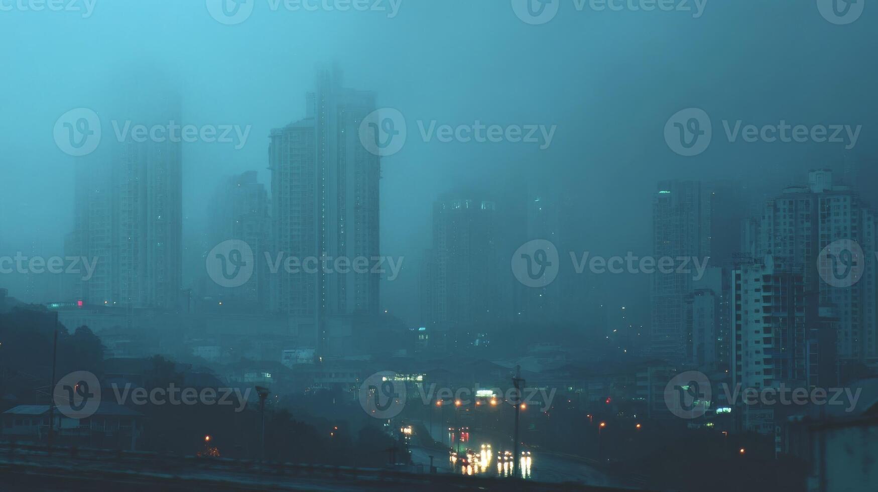 Moody Teal Cityscape Under a Dense Fog at Night photo