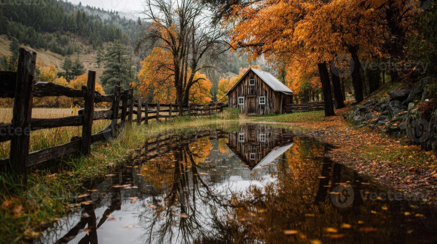 Autumn Landscape with Rustic Barn and Golden Leaves photo