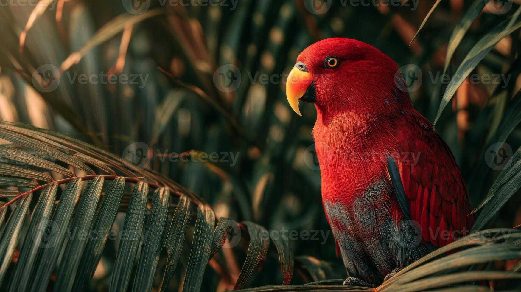 Red Parrot Perched on Lush Green Tropical Foliage photo