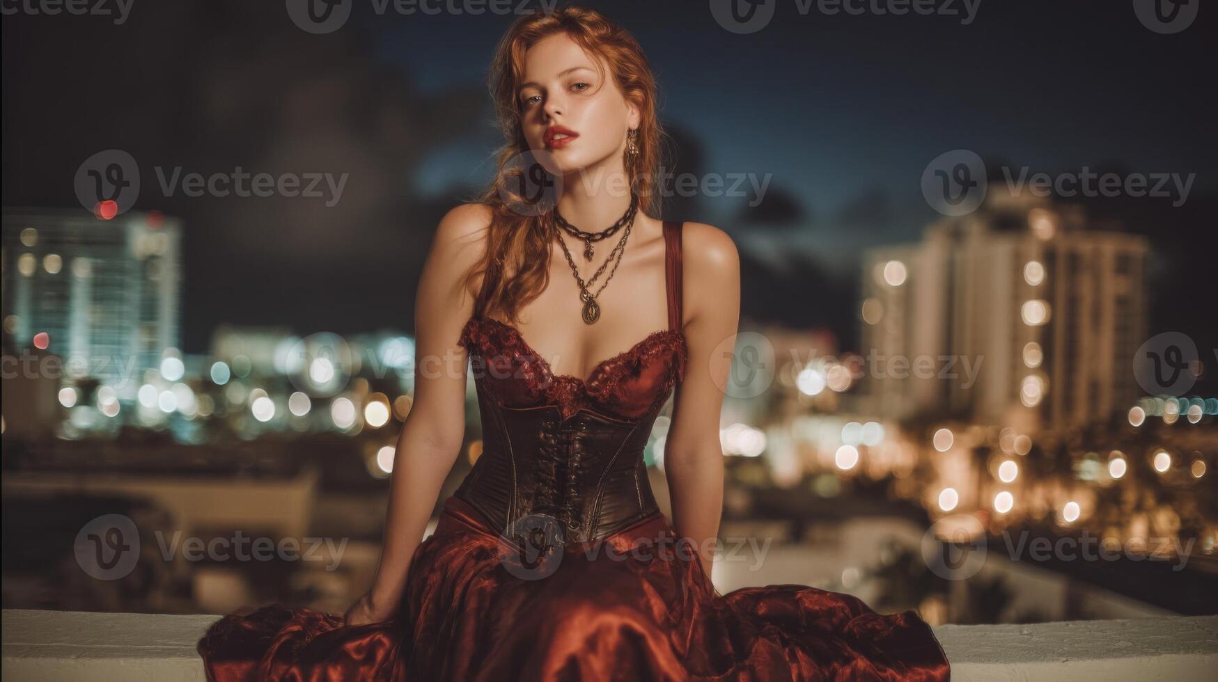Redhead Woman in Burgundy Corset Dress at Night photo