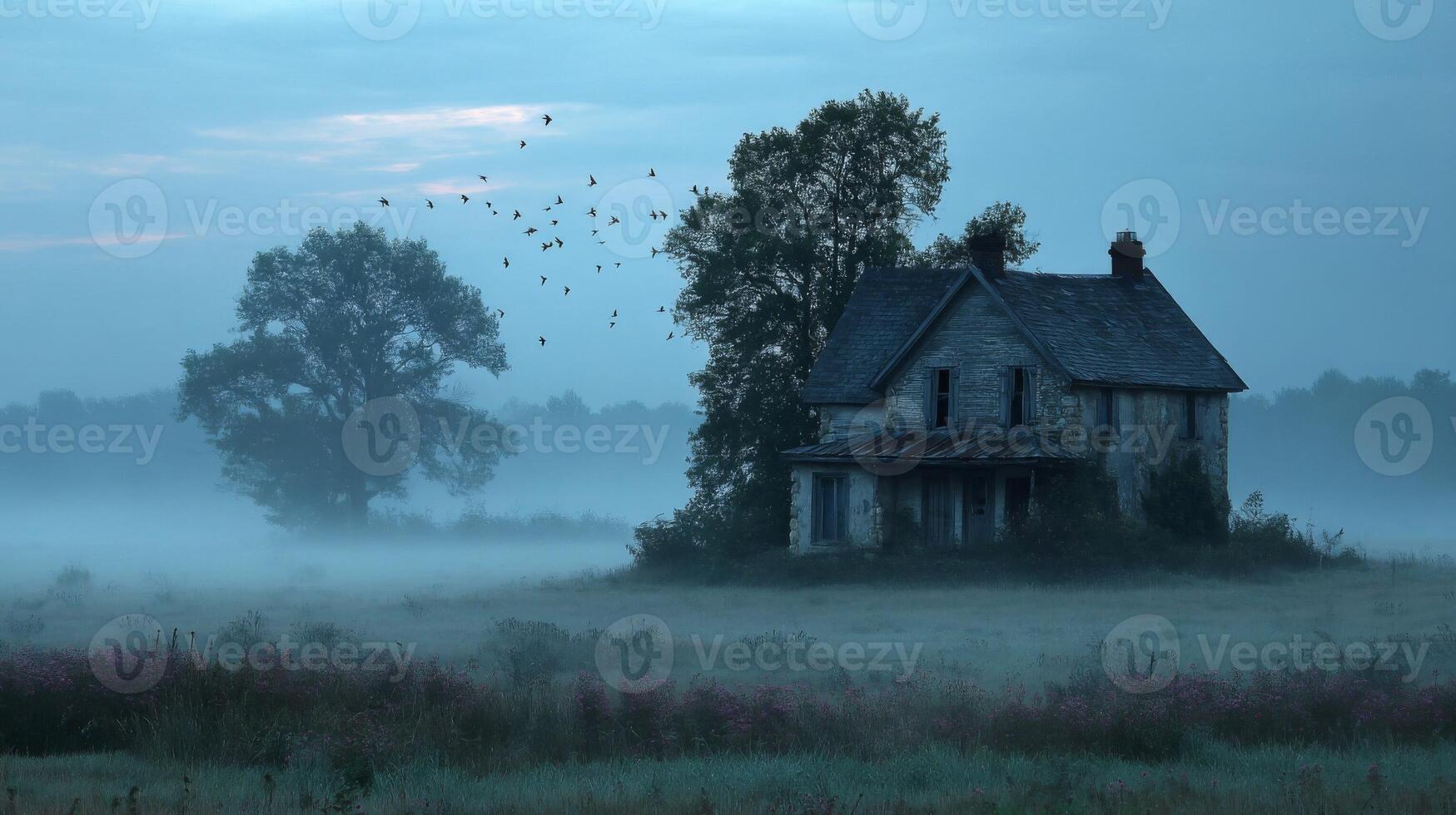 Abandoned Stone House in Misty Field at Dawn photo