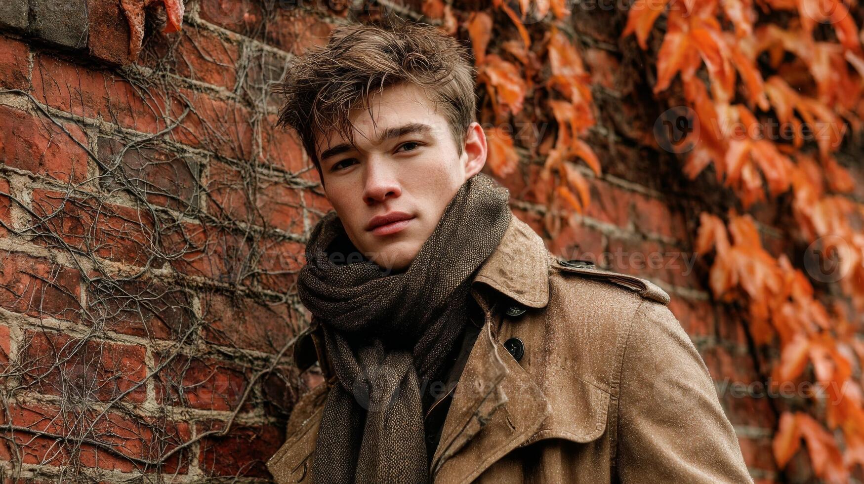 Young Man in Brown Coat and Scarf Leaning Against Brick Wall with Autumn Leaves photo