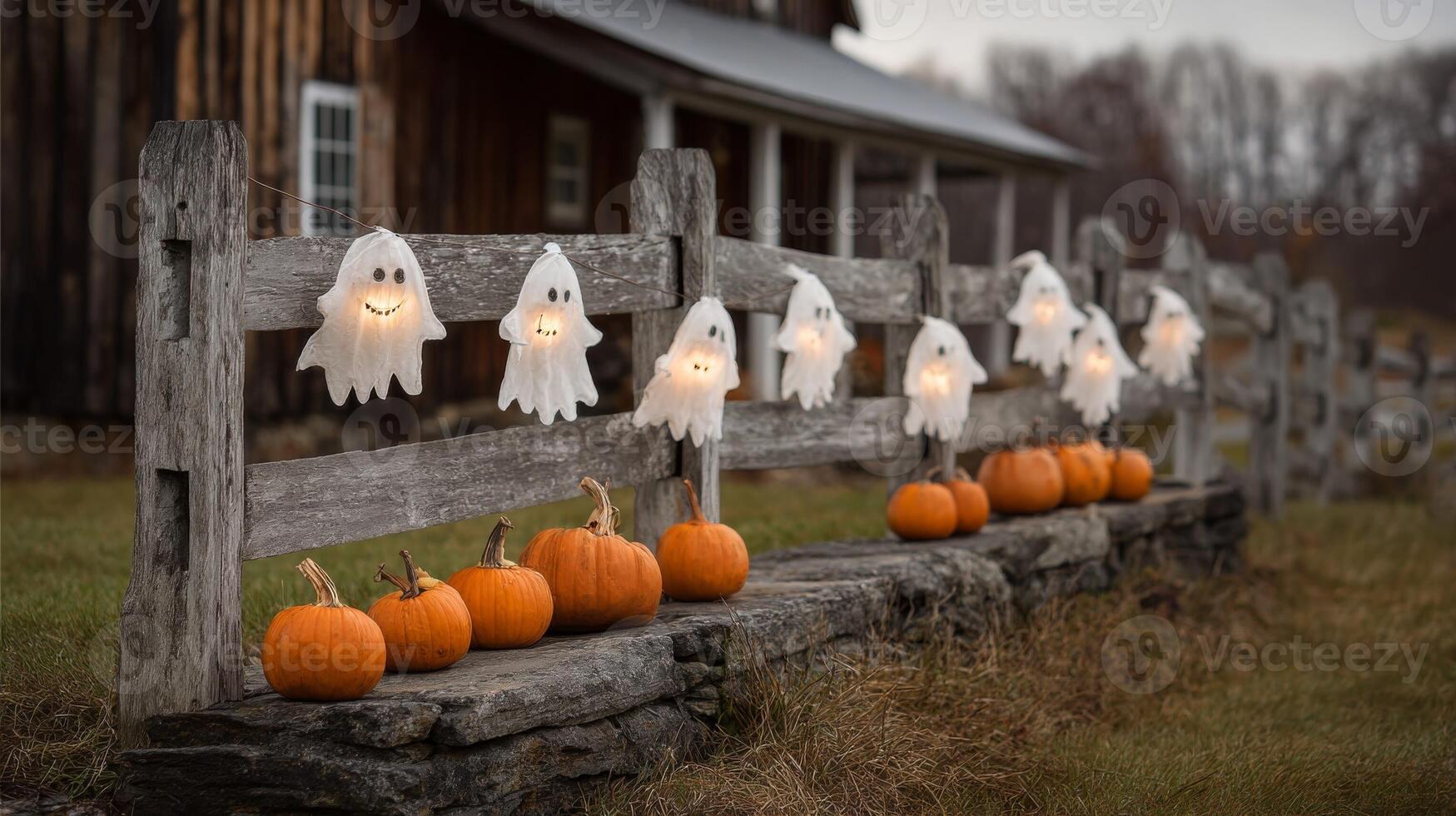 Glowing Ghosts and Pumpkins Decorate Rustic Fence photo