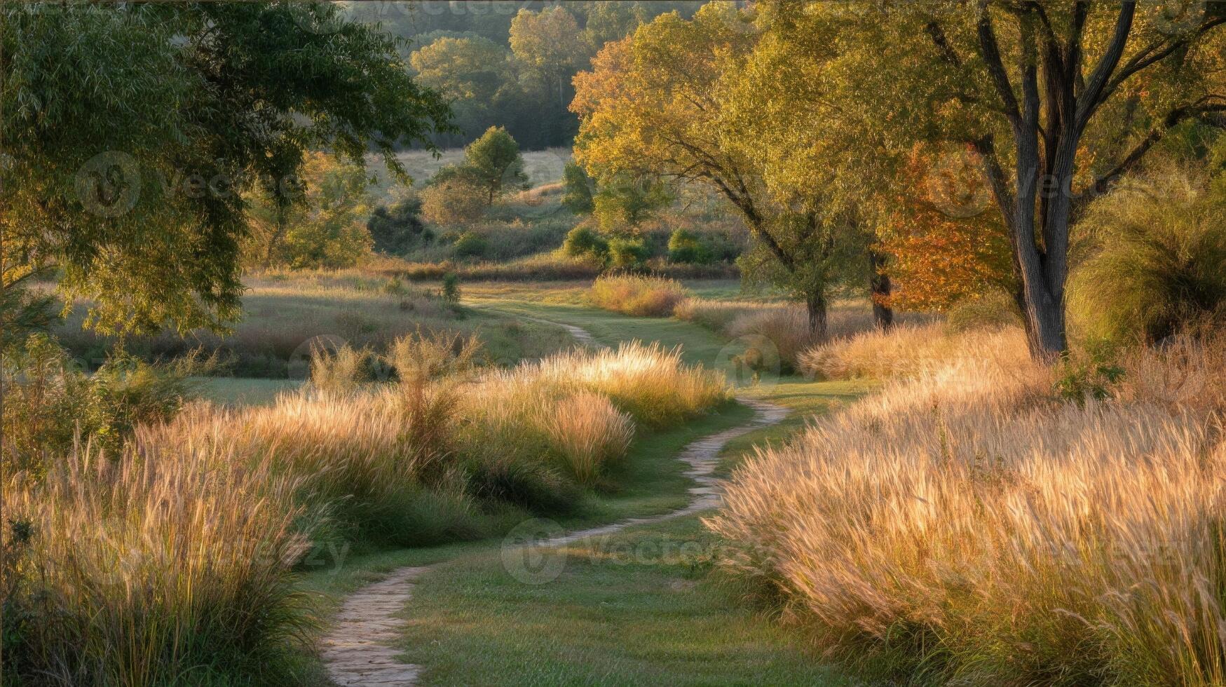 Winding Path Through Autumnal Meadow at Sunrise photo