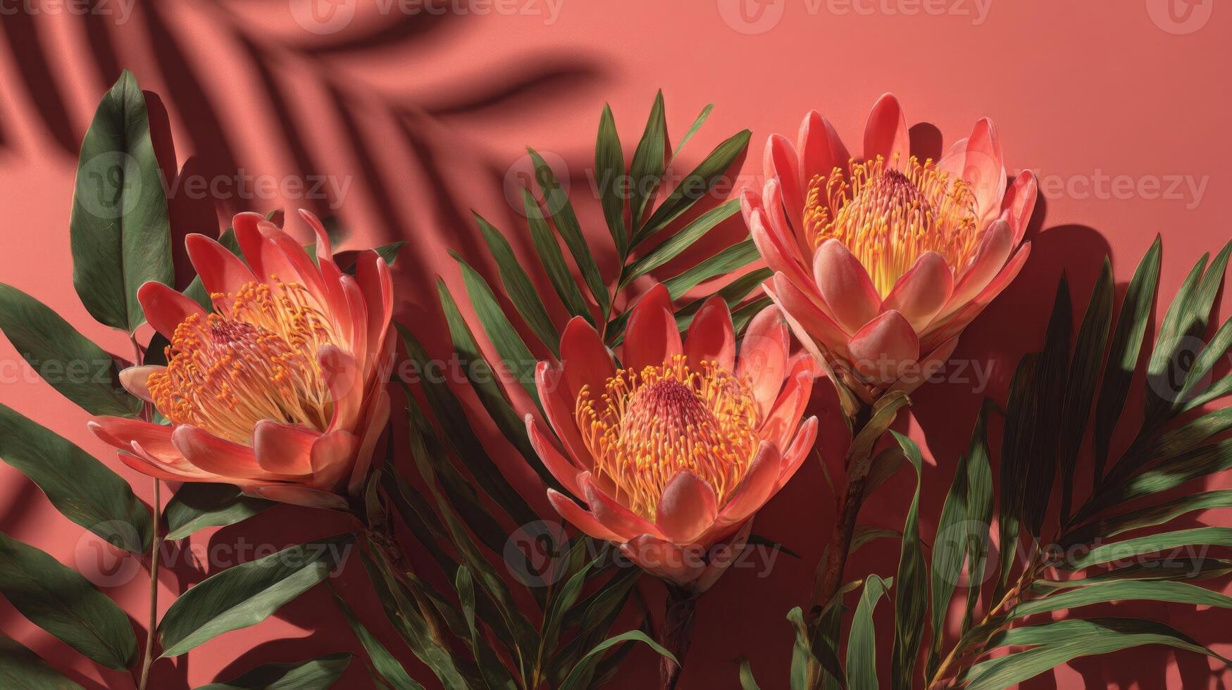 Three Coral Pink Flowers with Green Leaves and Shadows on Red Background photo